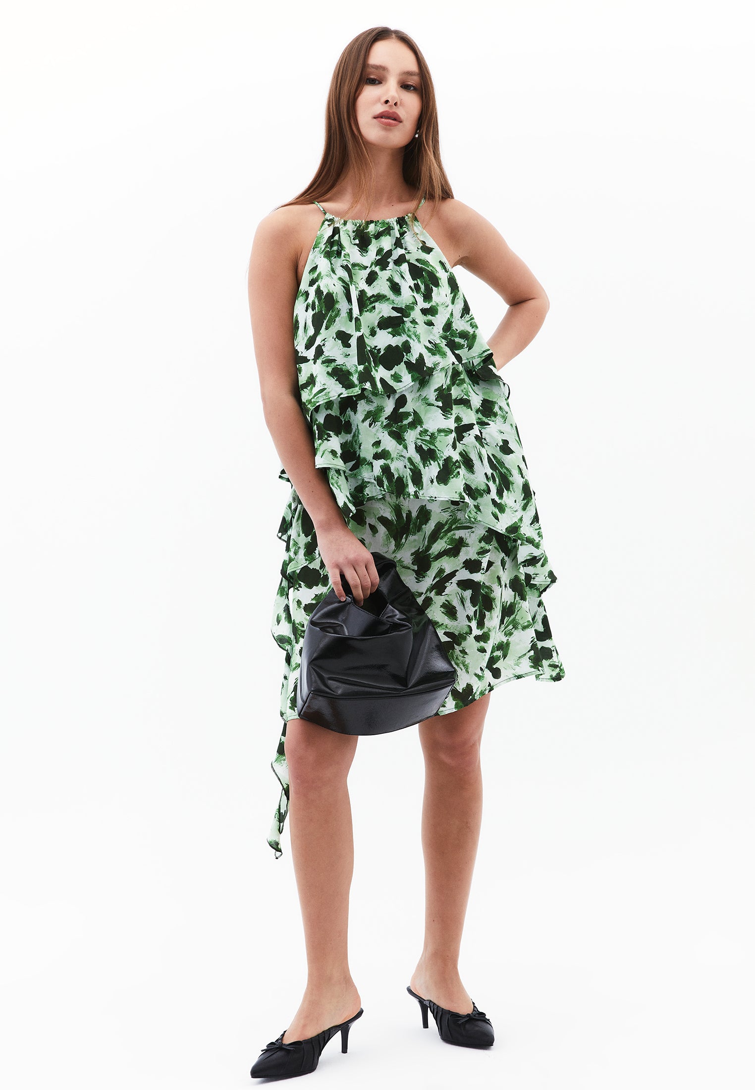 Halter Neck Flared Printed Short Dress - ABSTRACT COMB