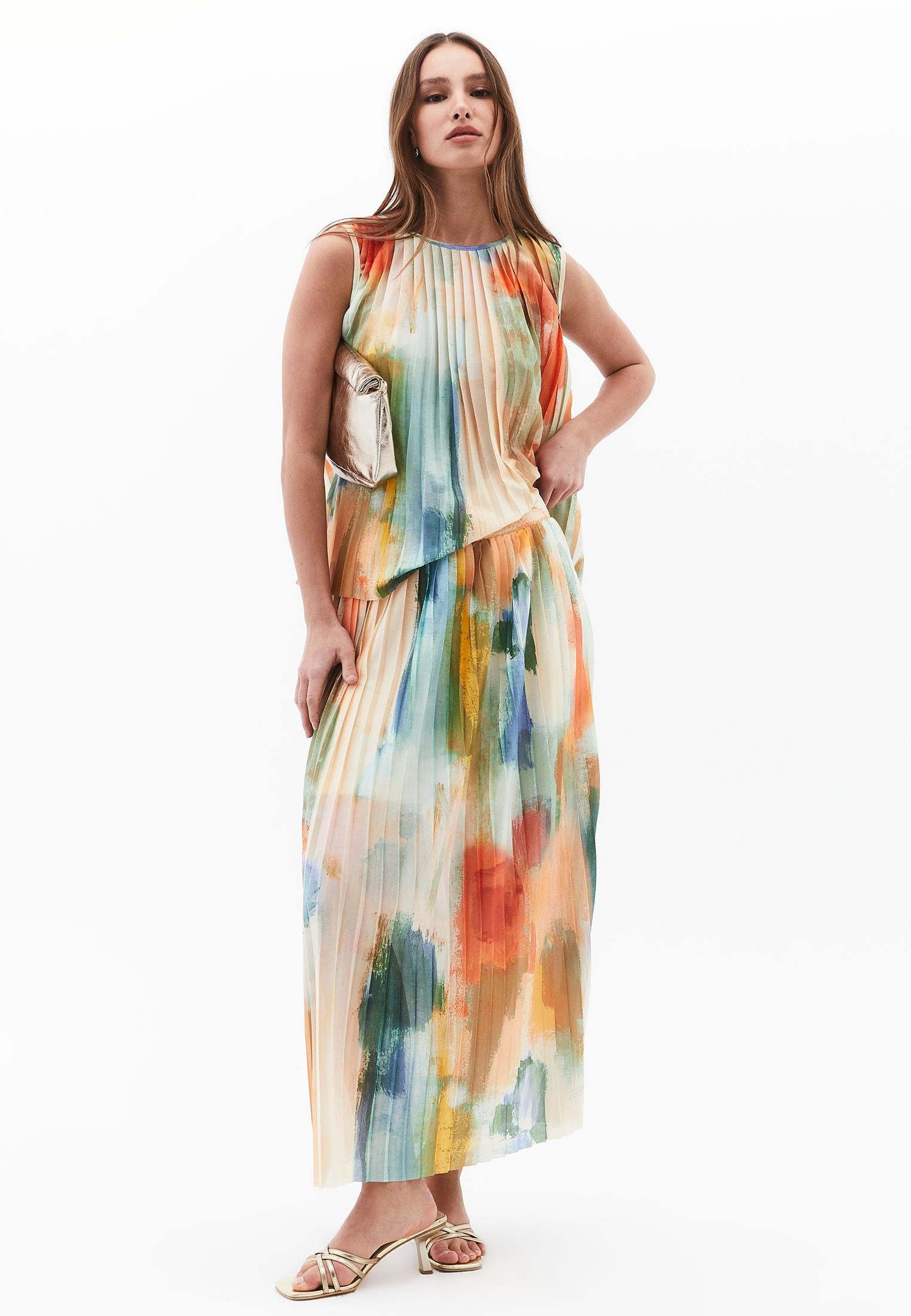 Pleated Long High Waist Skirt - ABSTRACT COMB