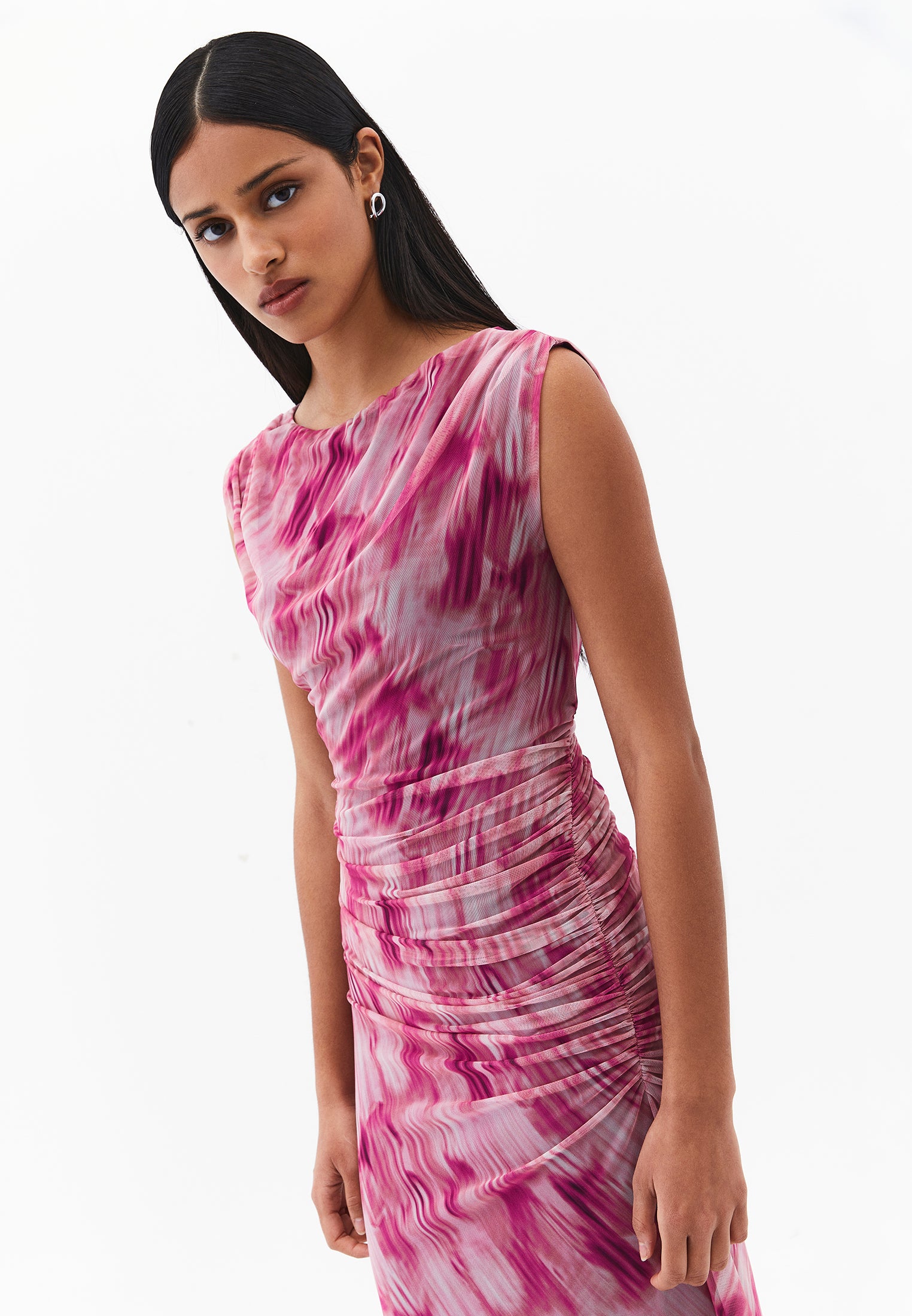 Bodycon Off Shoulder Ruched Long Dress - ABSTRACT COMB