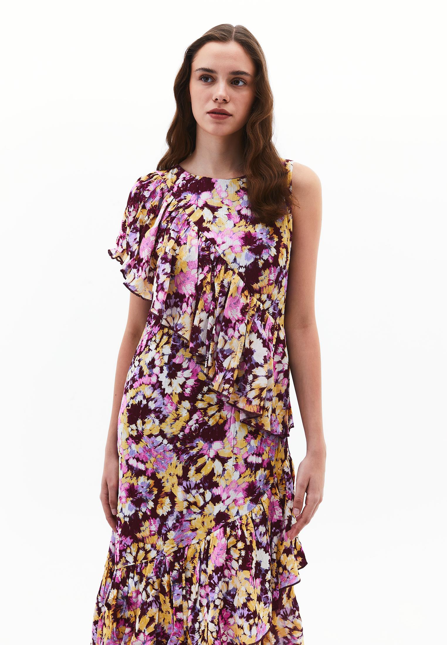 Asymmetric Ruffled Printed Long Dress - ABSTRACT COMB