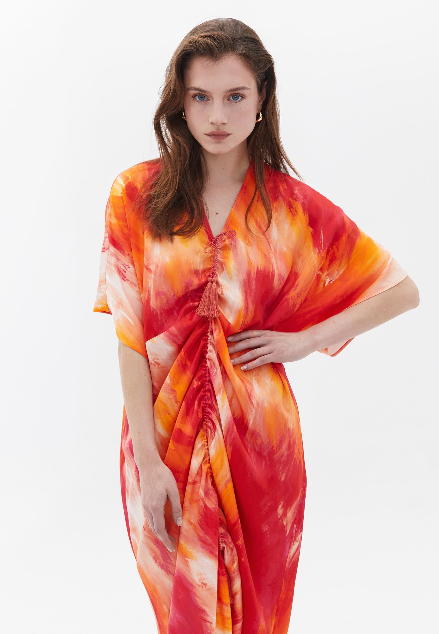 Printed Batwing Sleeve Long Dress - ABSTRACT COMB