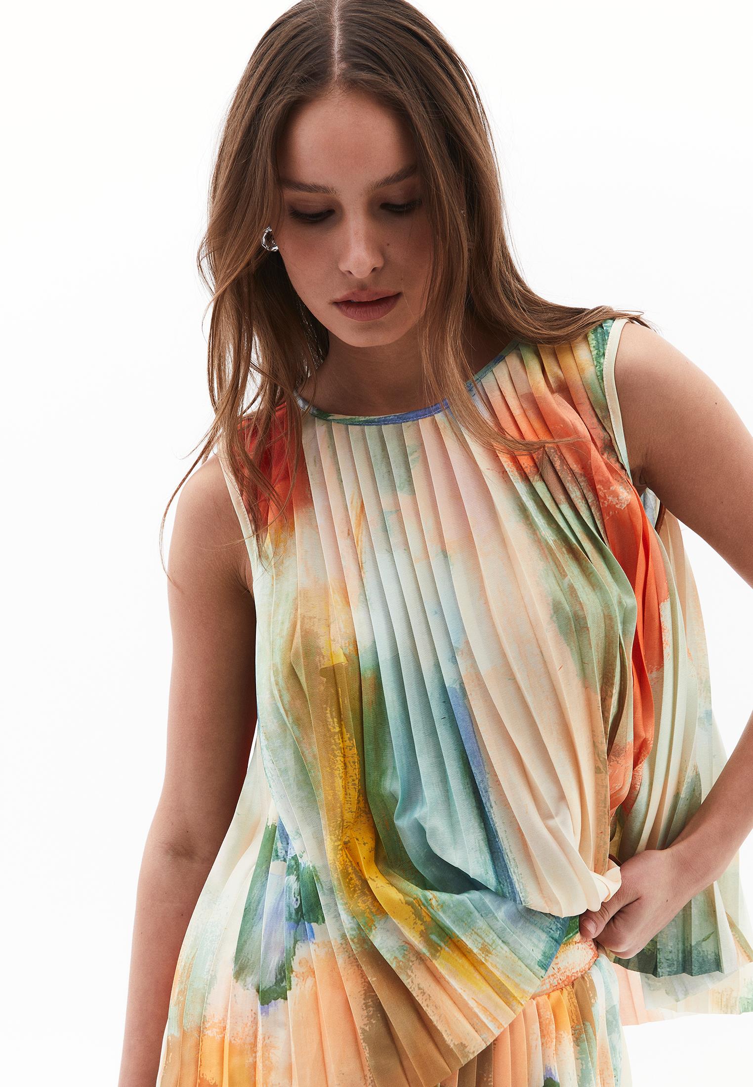 Round Neck Pleated And Printed Loose Blouse - ABSTRACT COMB