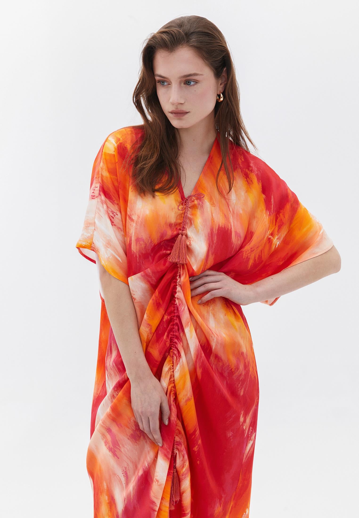 Printed Batwing Sleeve Long Dress - ABSTRACT COMB
