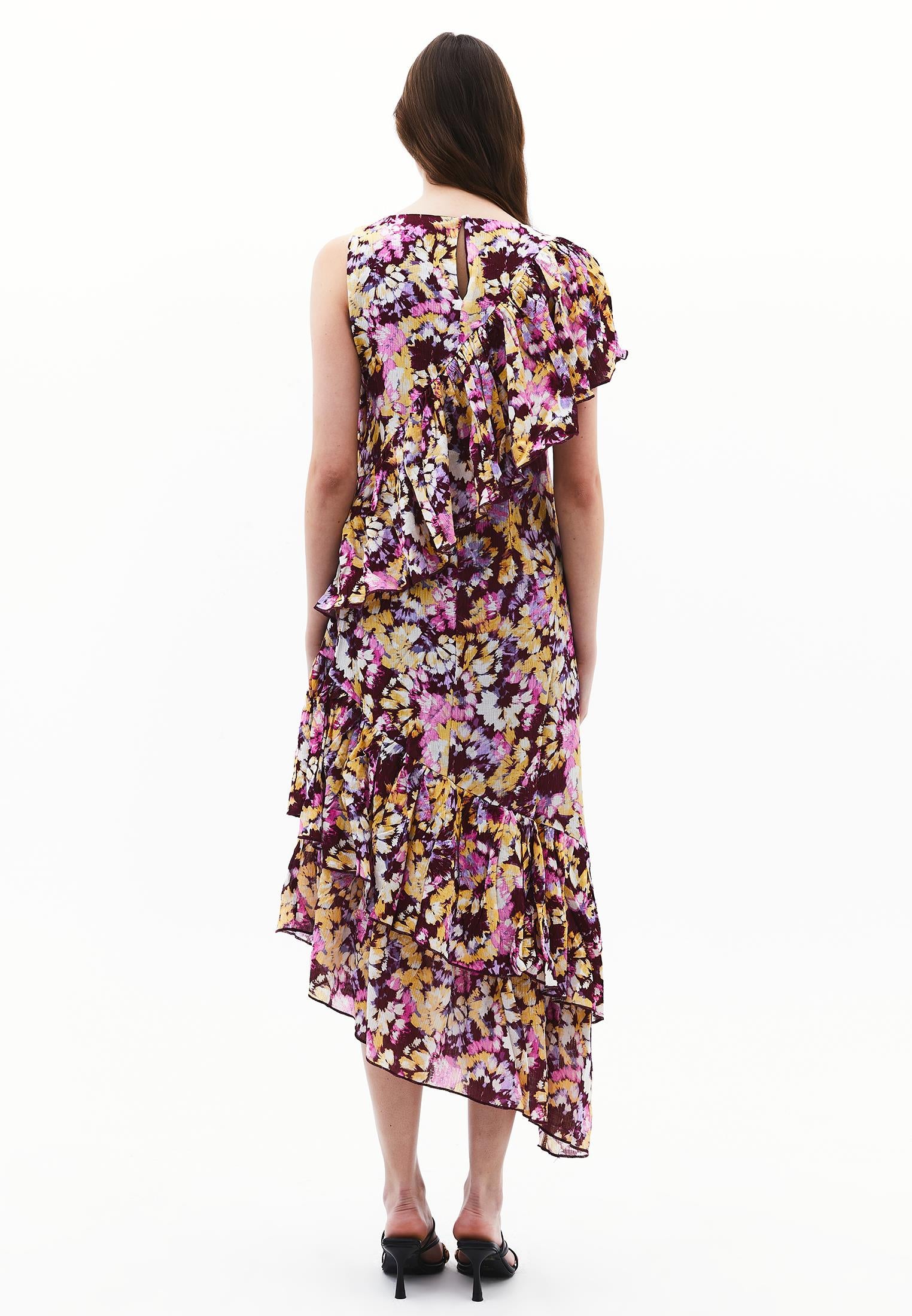 Asymmetric Ruffled Printed Long Dress - ABSTRACT COMB
