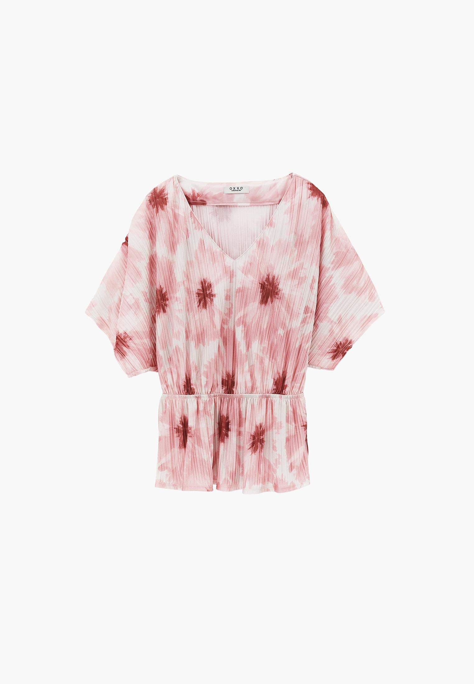V Neck Pleated Printed Blouse - ABSTRACT COMB