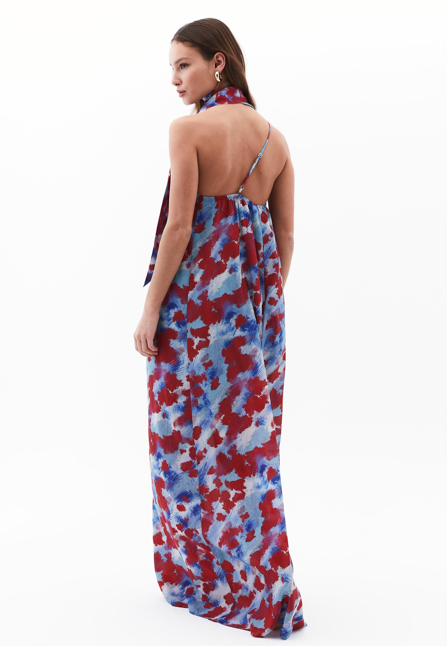 Bow Detailed One Shoulder Printed Long Dress - ABSTRACT COMB