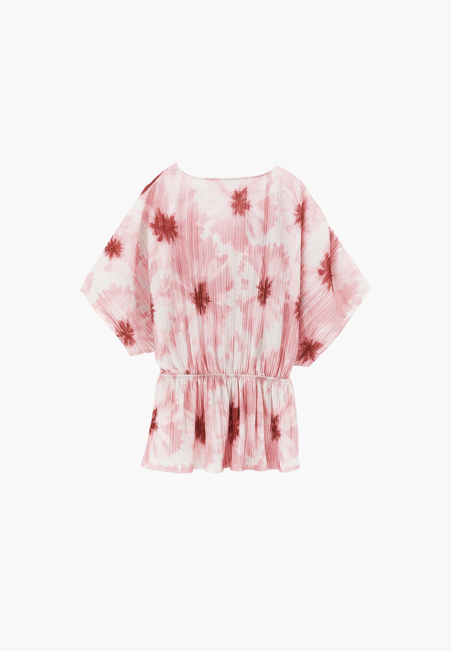 V Neck Pleated Printed Blouse - ABSTRACT COMB