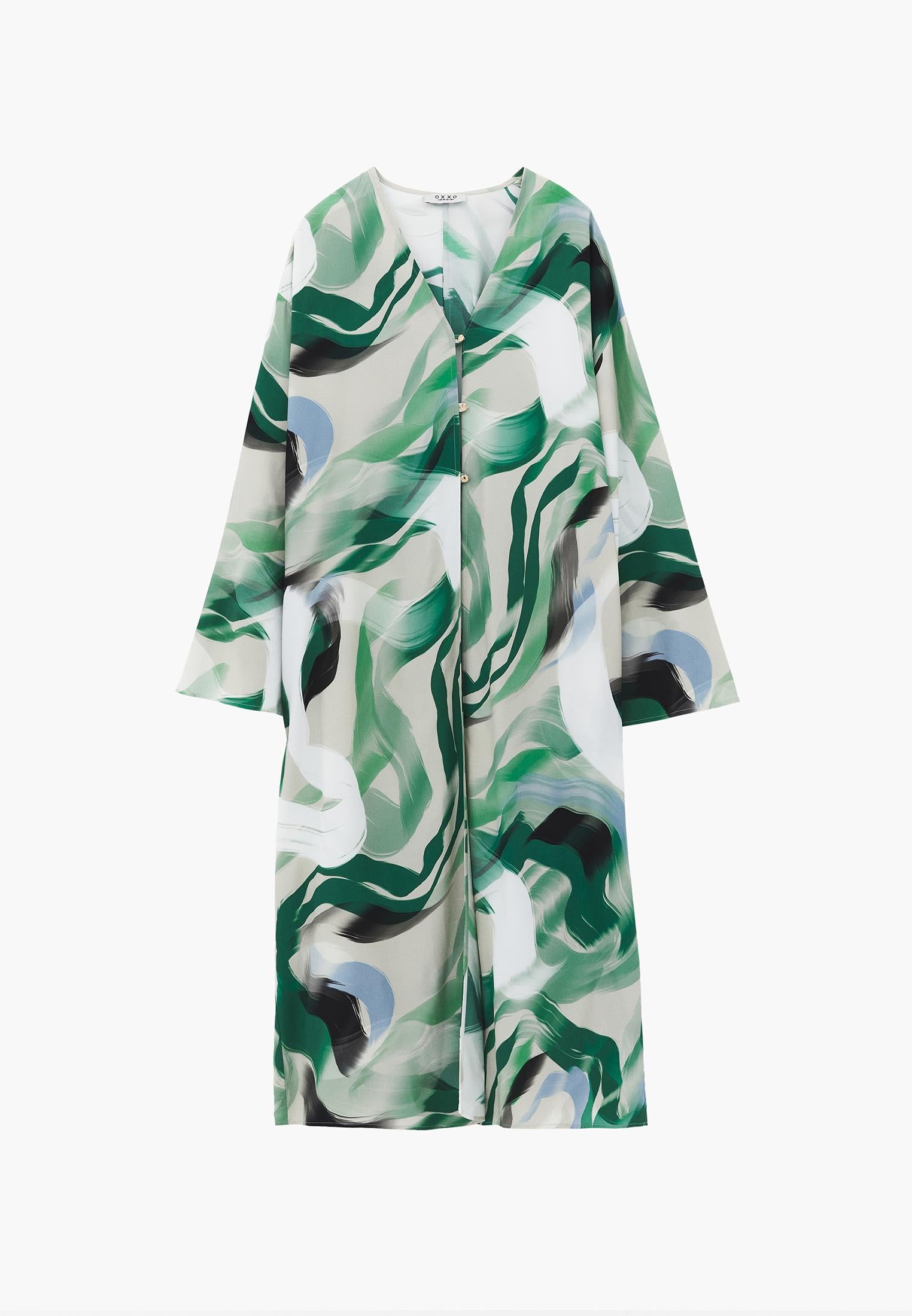 Oversize Long Button Detailed Kimono - ABSTRACT COMB