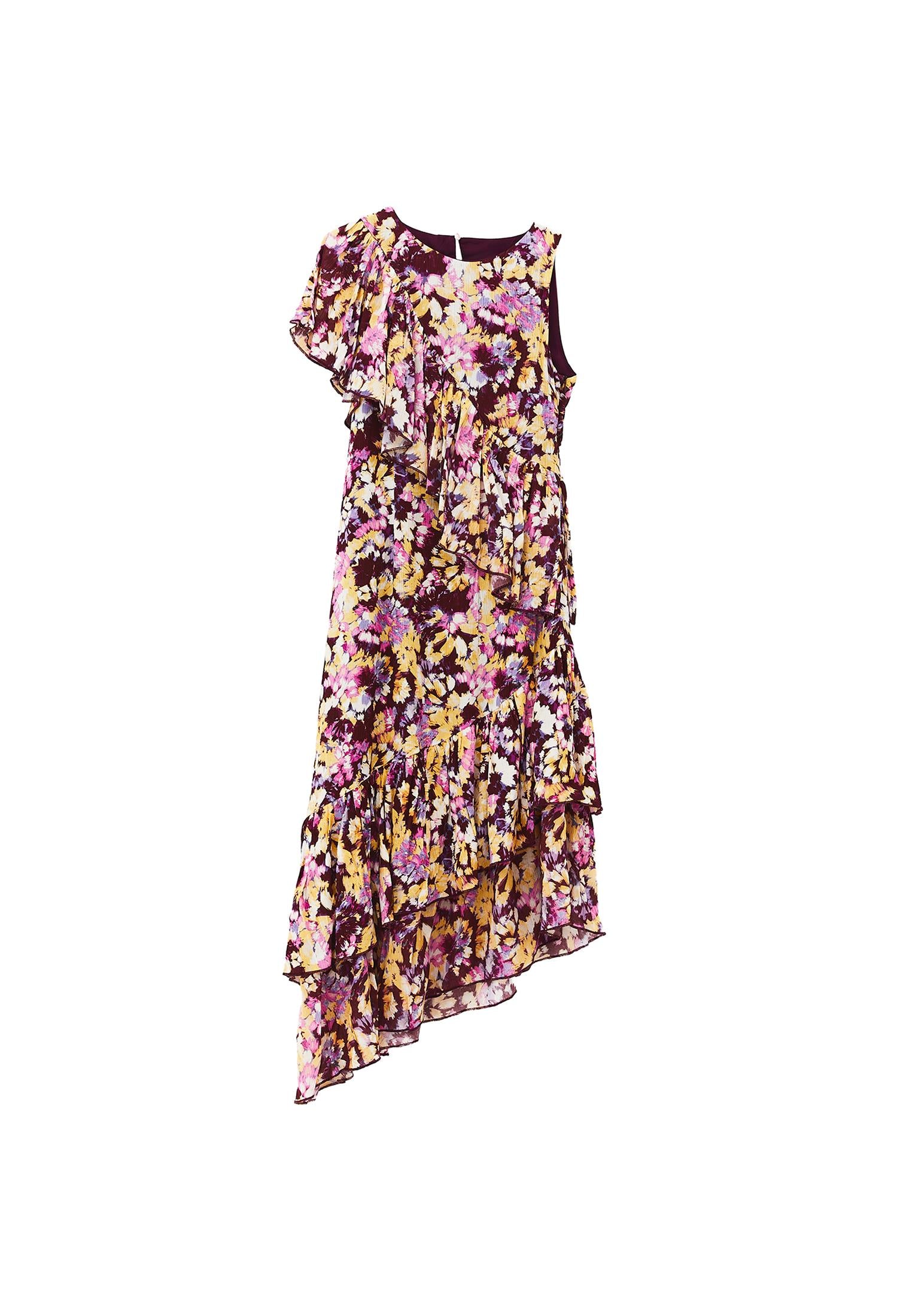 Asymmetric Ruffled Printed Long Dress - ABSTRACT COMB