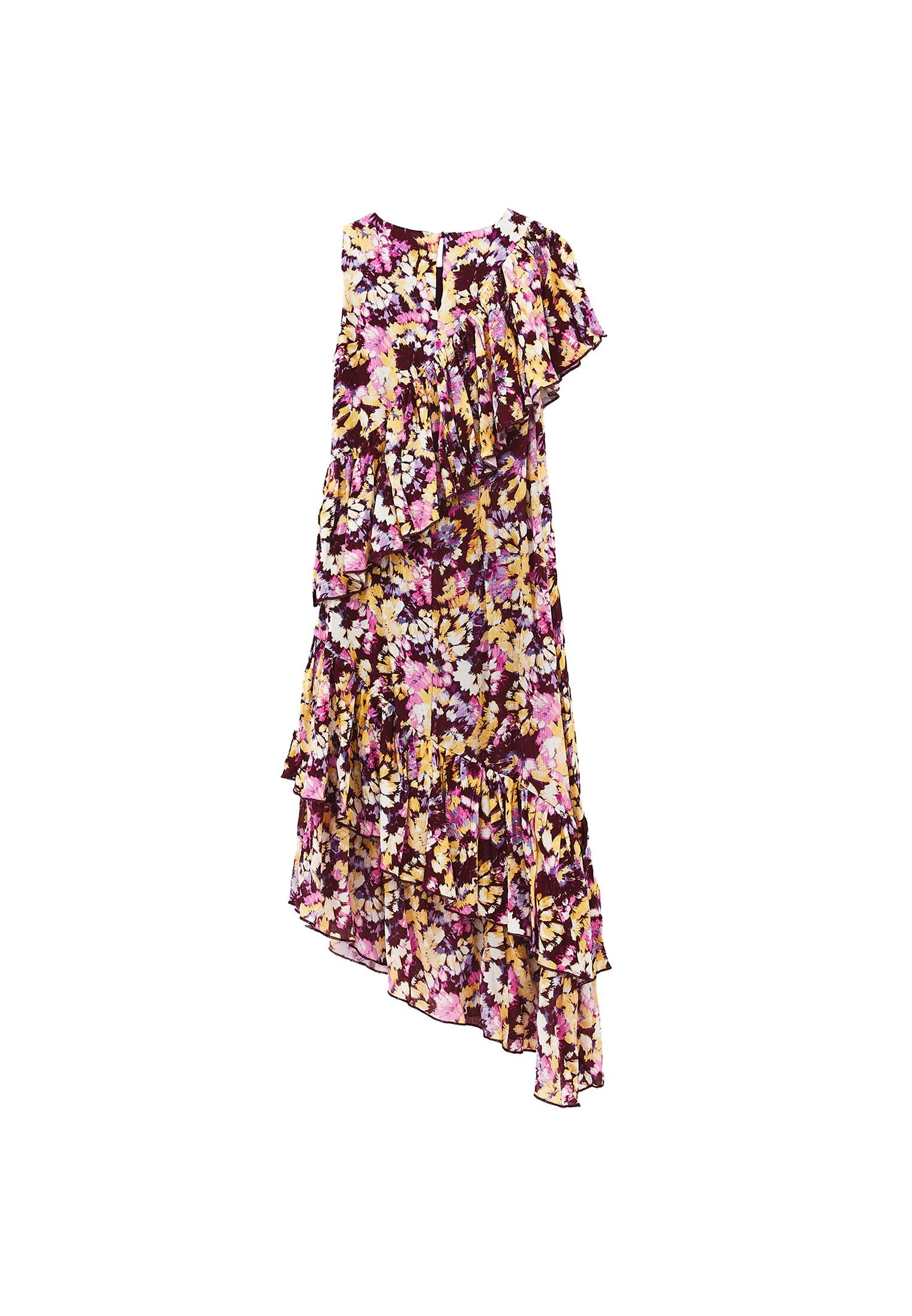 Asymmetric Ruffled Printed Long Dress - ABSTRACT COMB