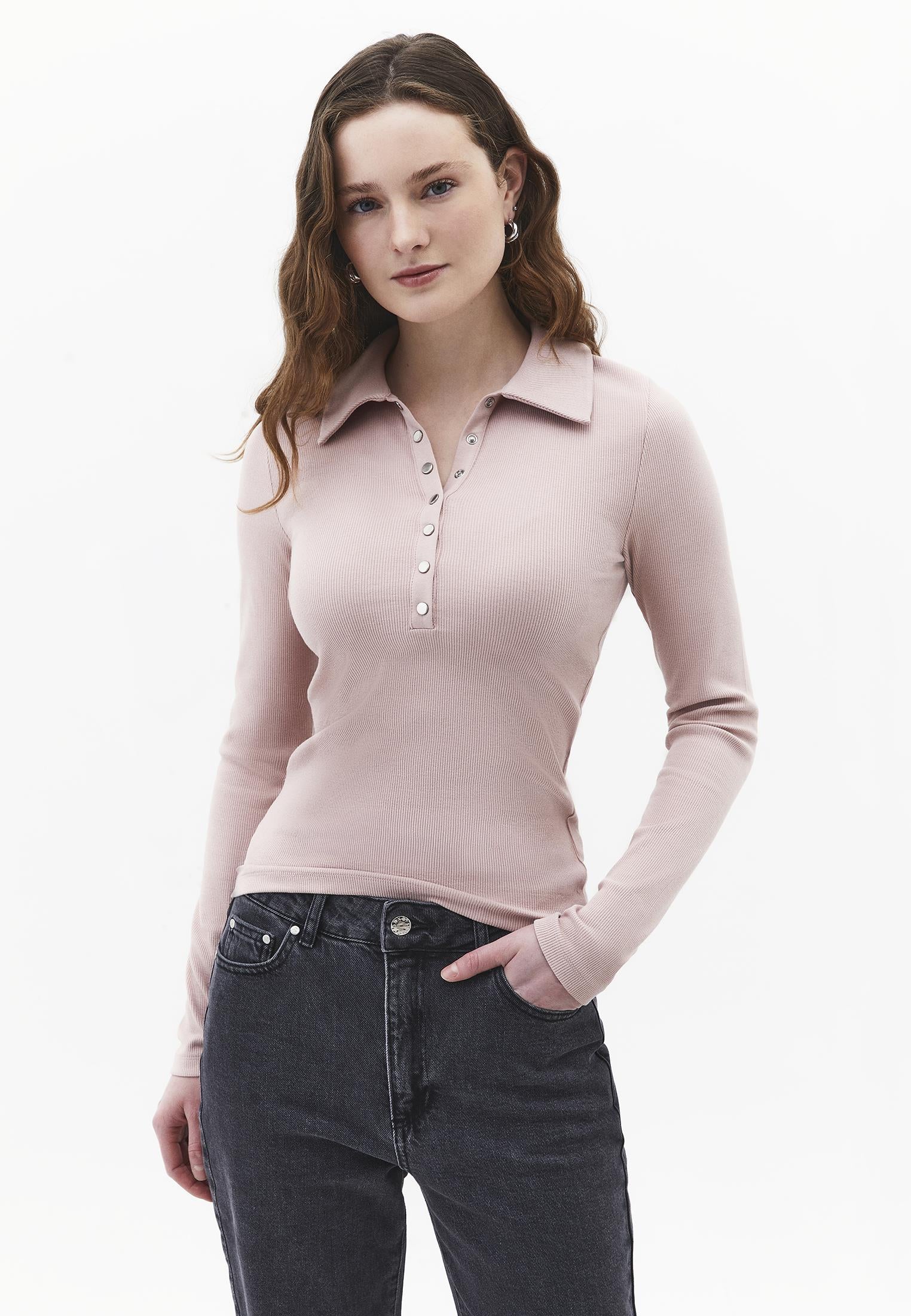 Polo Collar Long Sleeve Bodycon T-Shirt - ADOBE ROSE