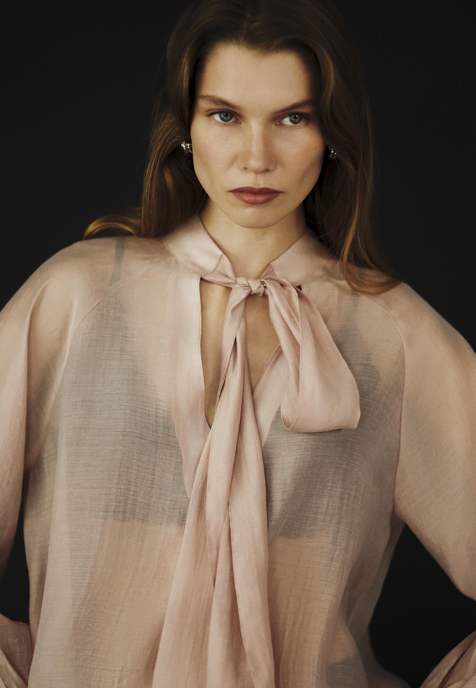 Deep V Neck Tie Blouse - ADOBE ROSE