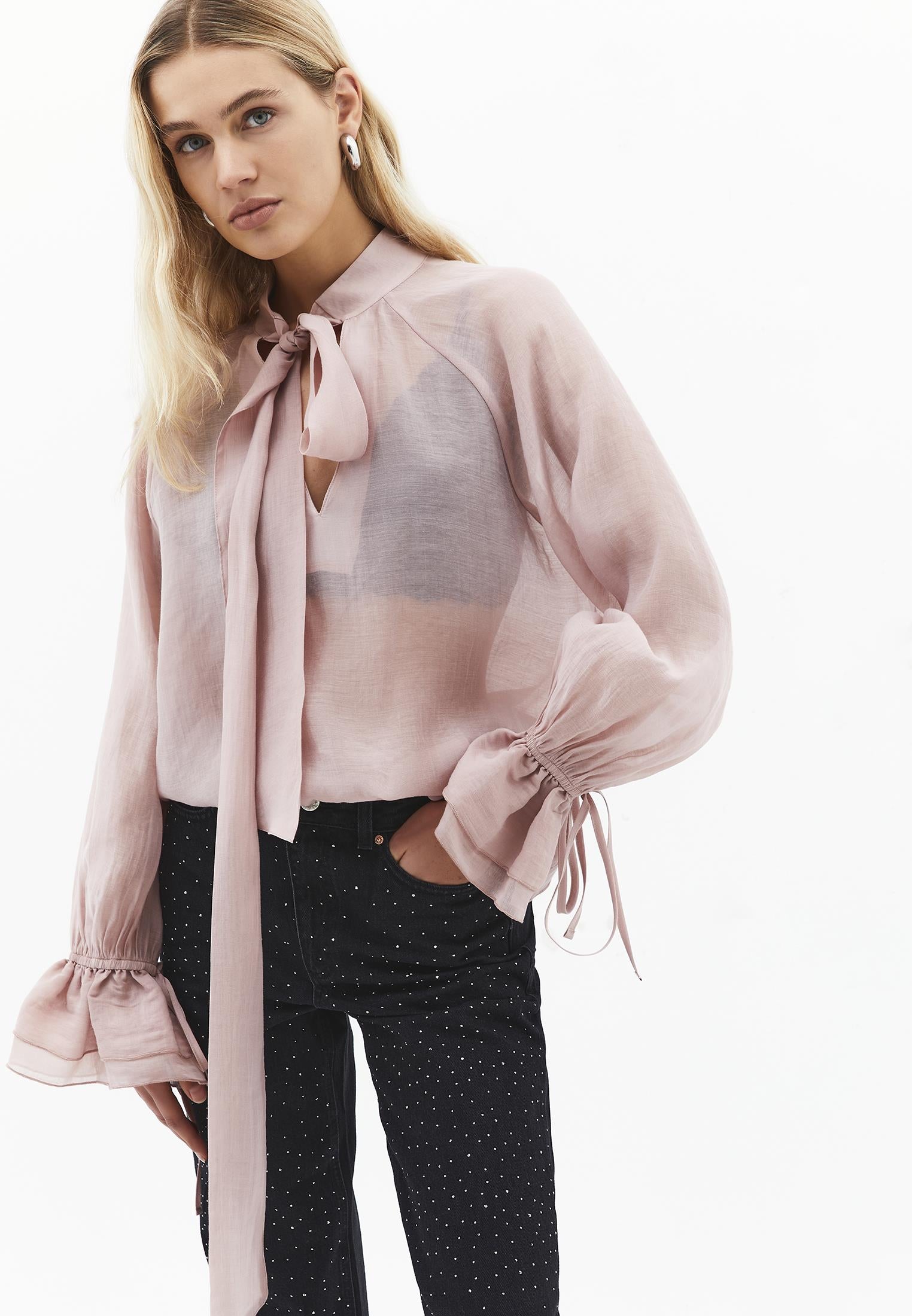 Deep V Neck Tie Blouse - ADOBE ROSE