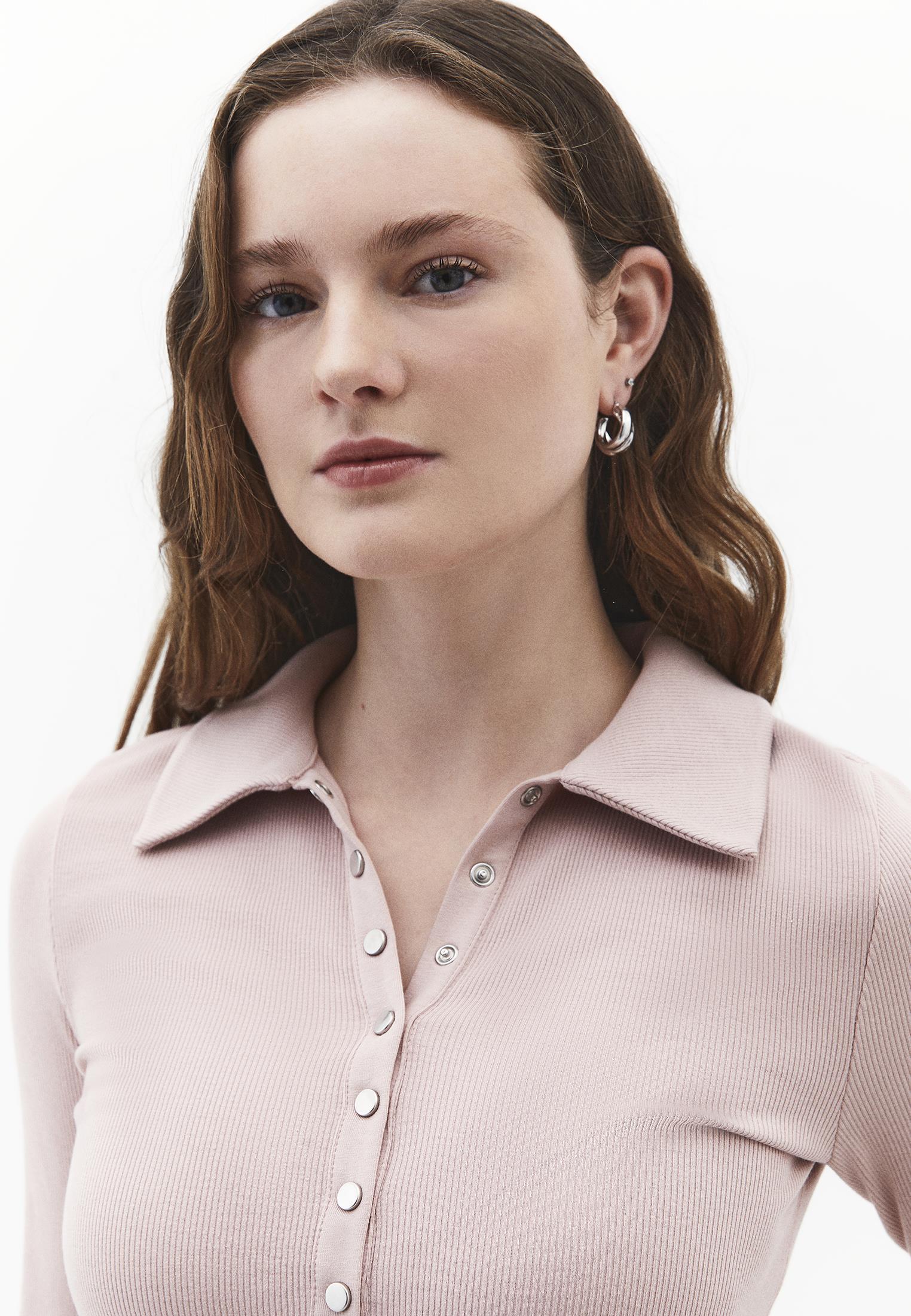 Polo Collar Long Sleeve Bodycon T-Shirt - ADOBE ROSE