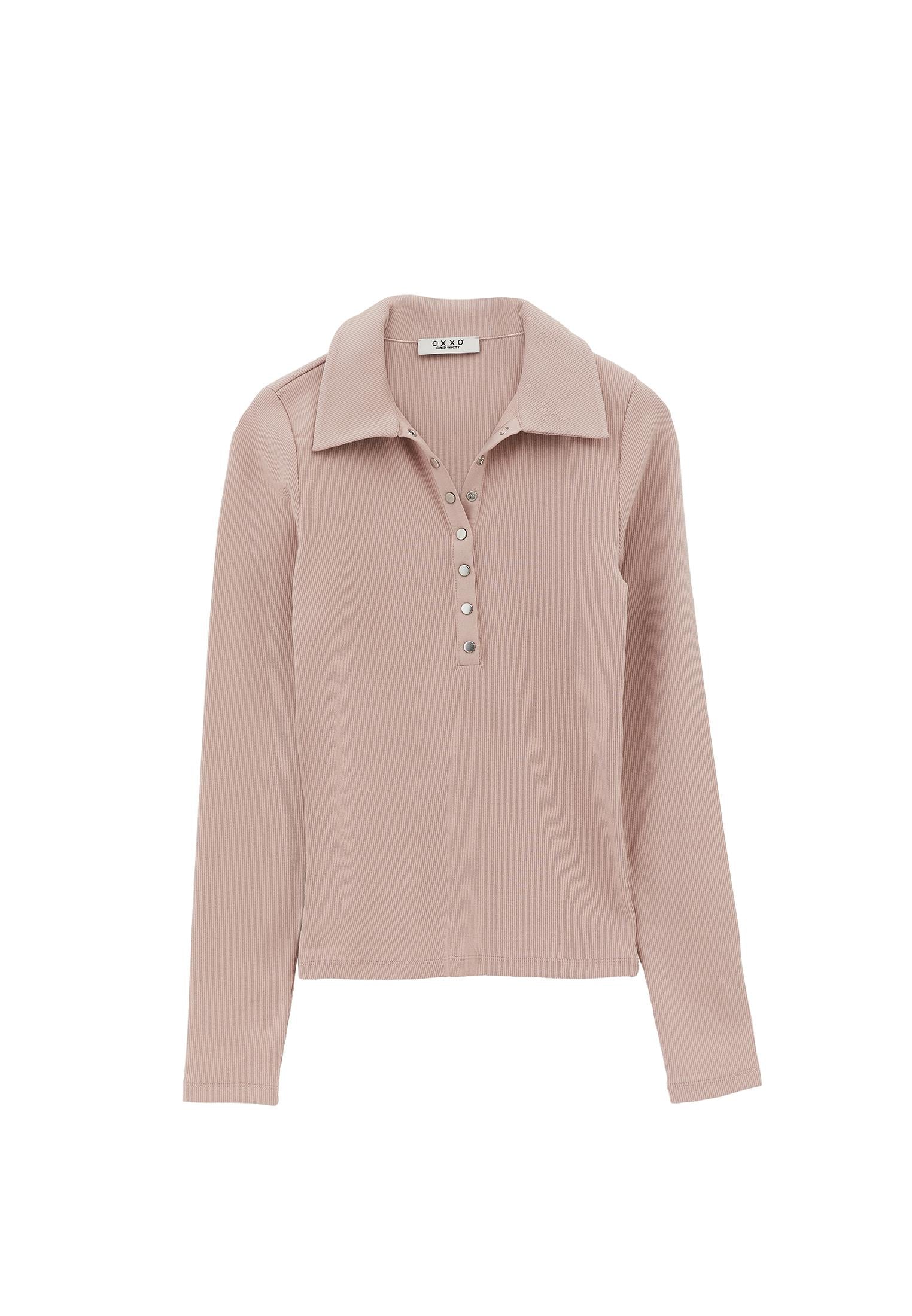 Polo Collar Long Sleeve Bodycon T-Shirt - ADOBE ROSE