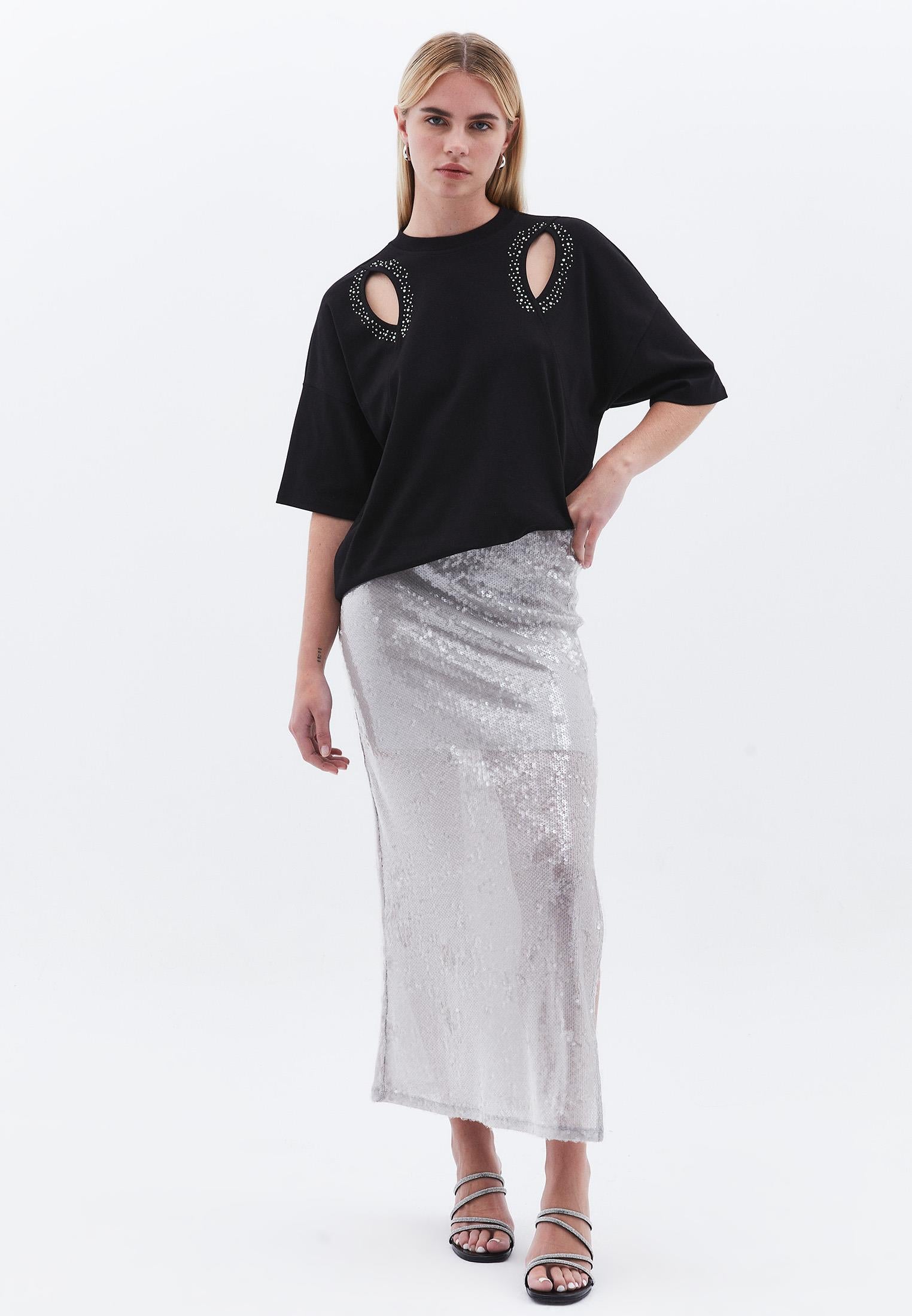 Ultra High Waist Sequin And Shiny Midi Skirt - ALLOY