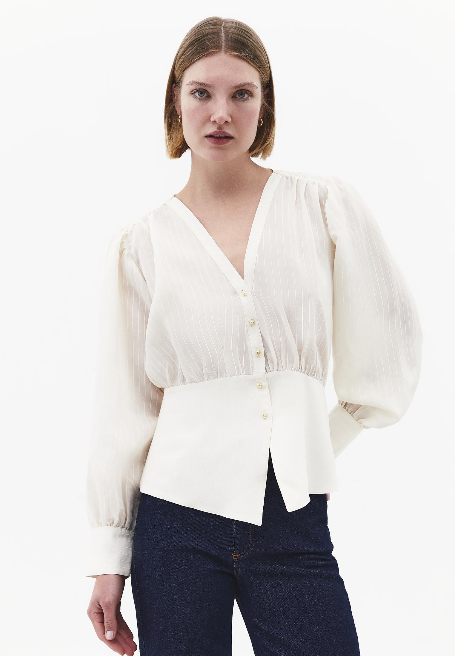 Ruched V-Neck Long Sleeve Blouse - ALMOND MILK