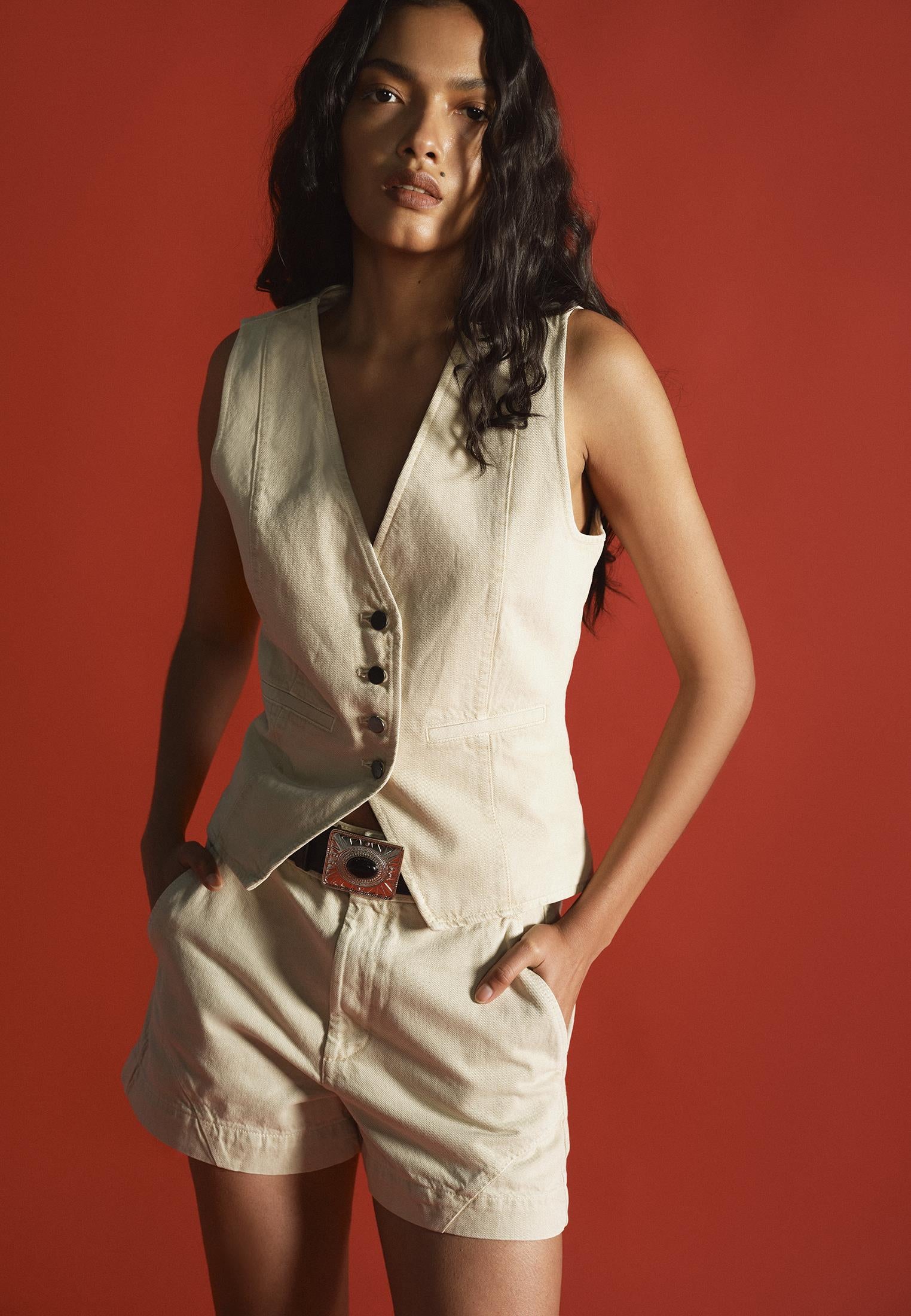 V Neck Sleeveless Vest - ALMOND MILK