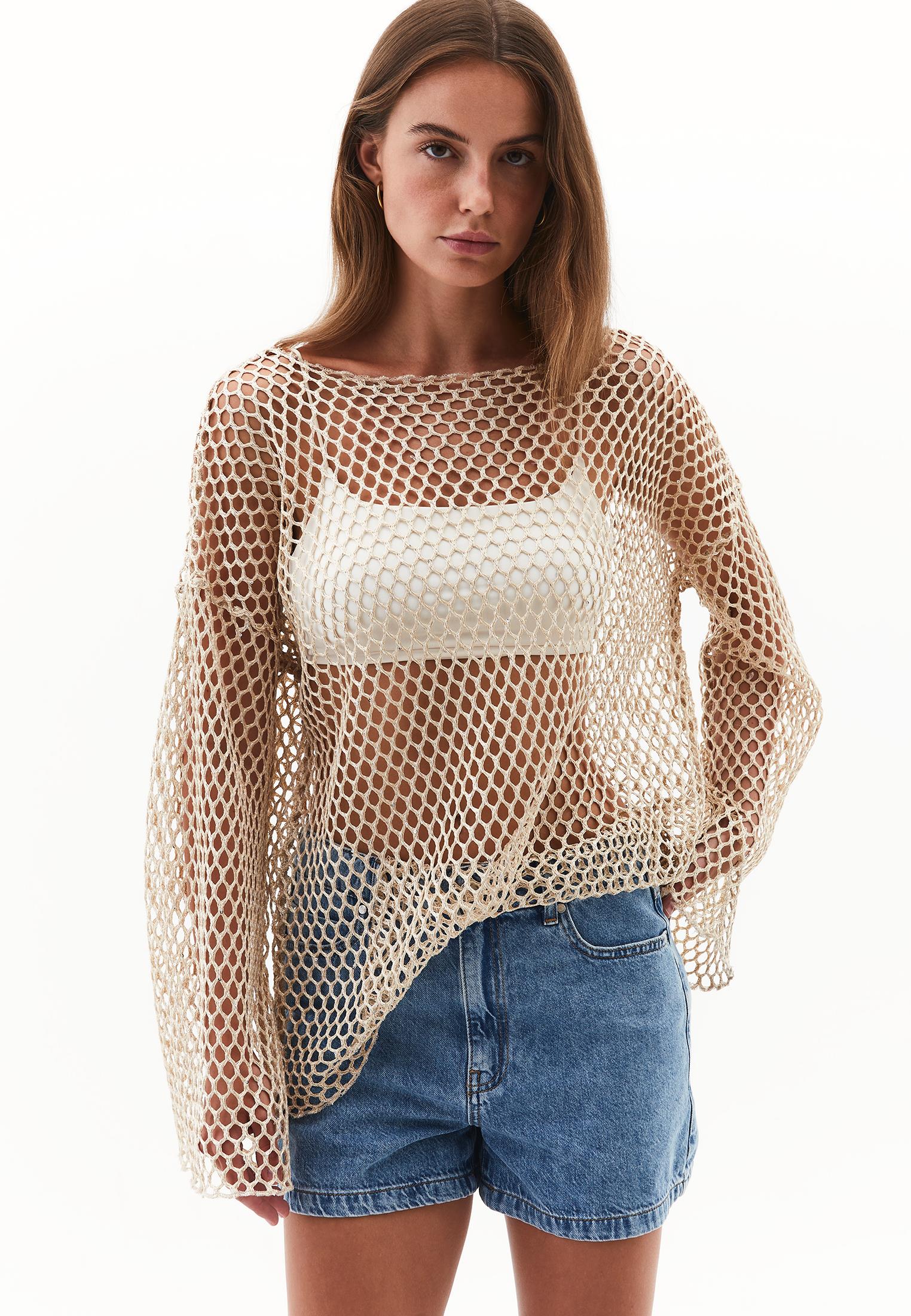 Blouse With Mesh Detailed Long Sleeves - ALMOND MILK