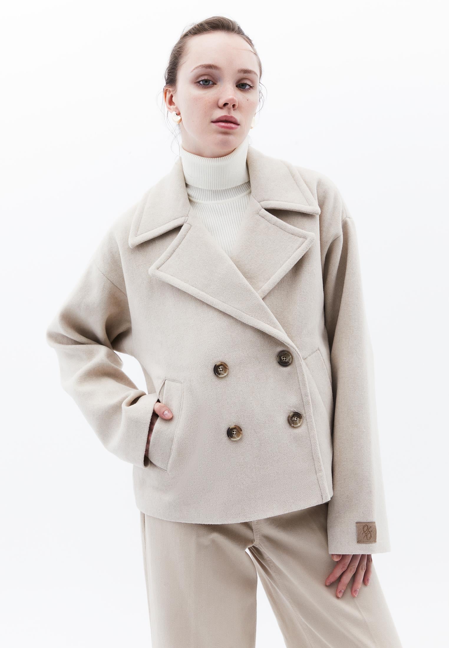 Double-Breasted Collar Oversize Standard Jacket - ALMOND MILK