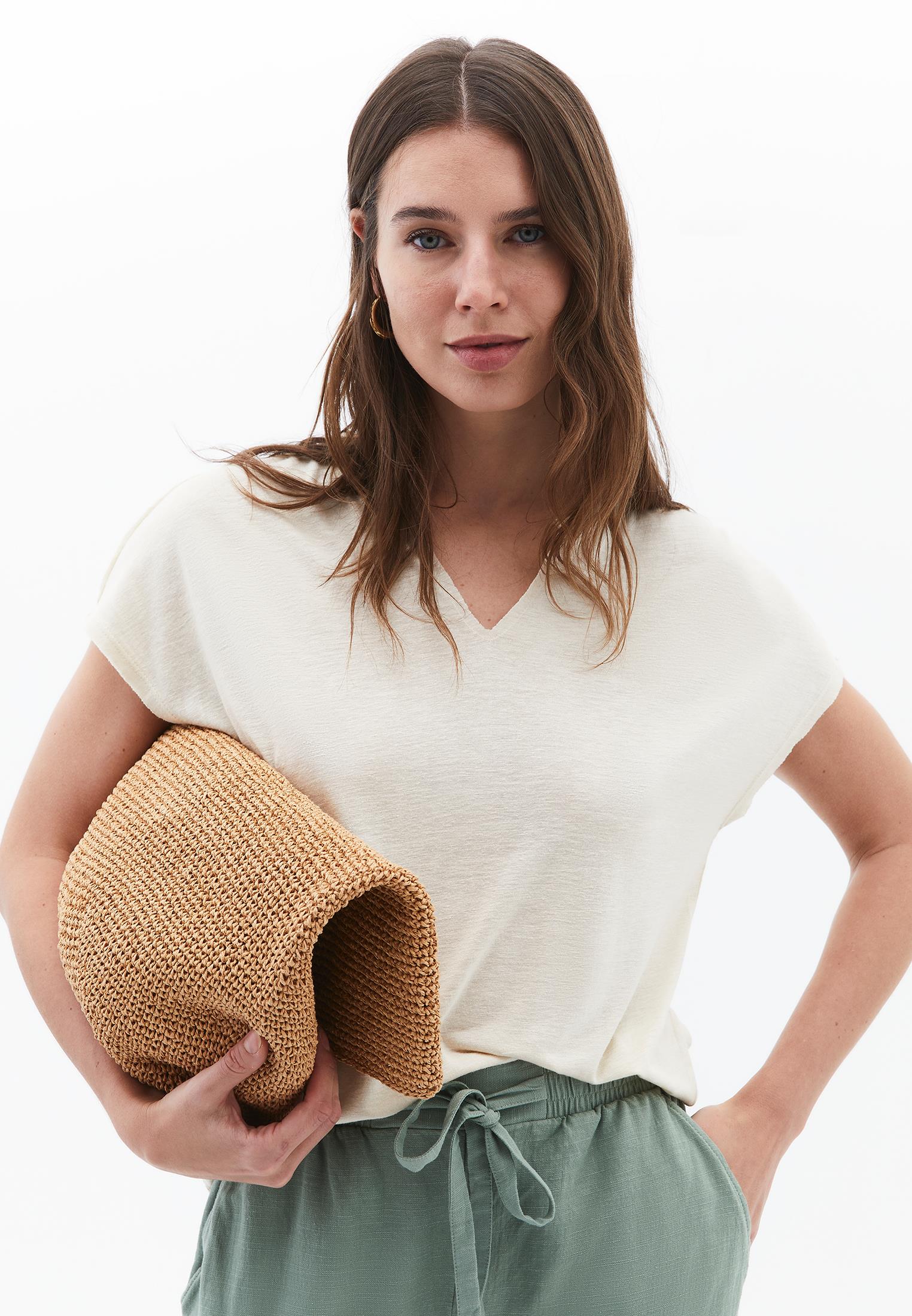 V Neck Short Sleeve T-Shirt - ALMOND MILK