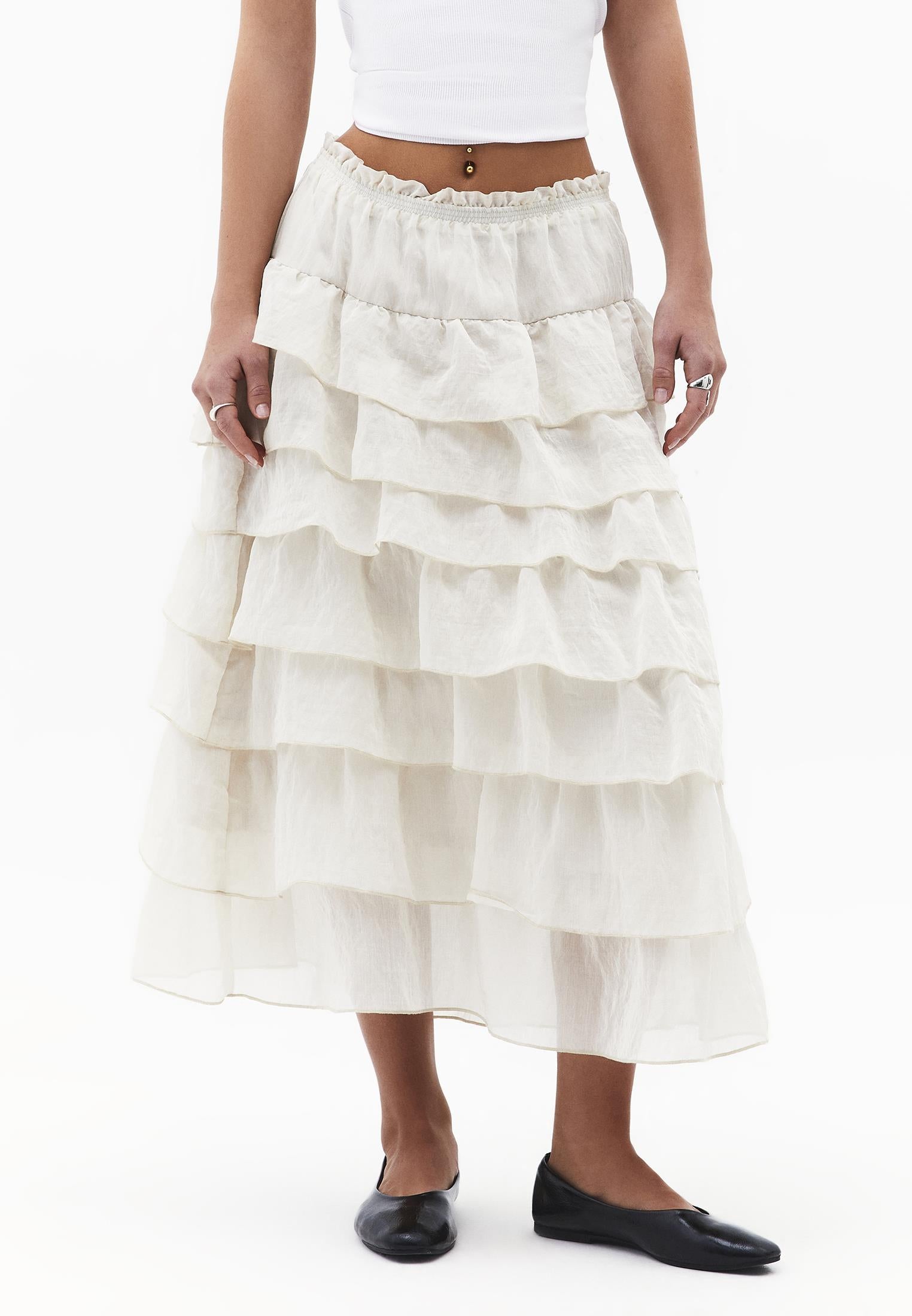 High Waist Long A-Line Ruffled Women's Skirt - ALMOND MILK