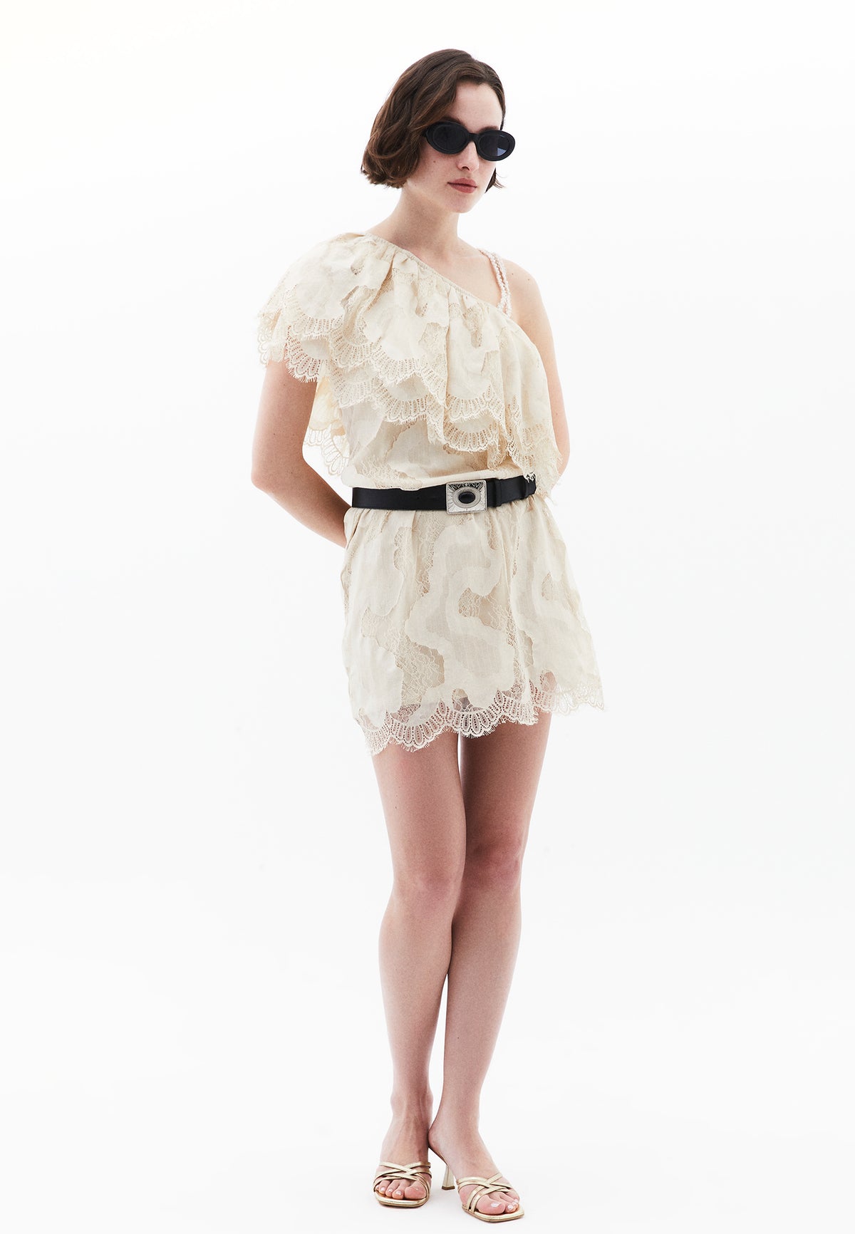 One Shoulder Ruffled Detail Short Dress - ALMOND MILK