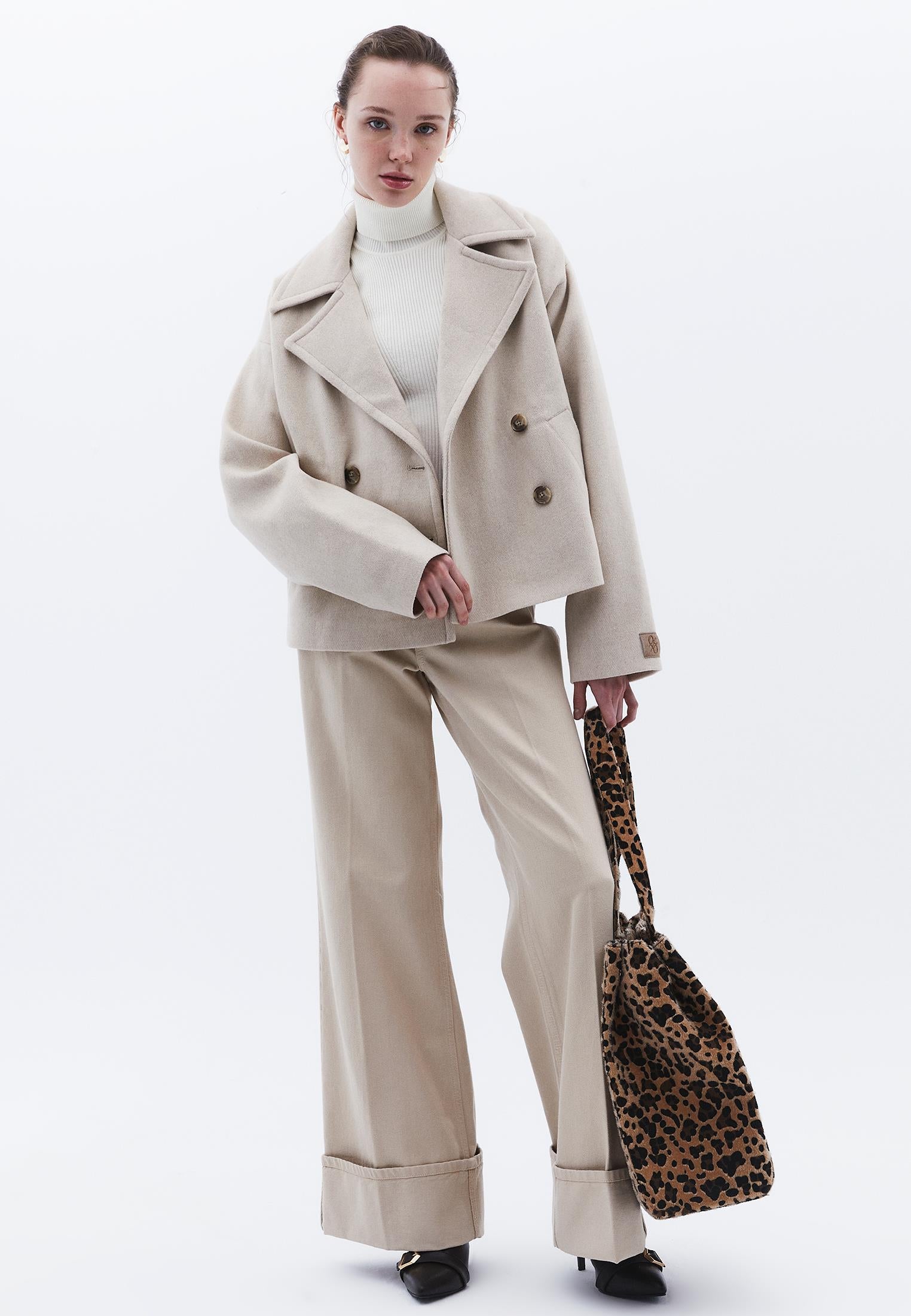 Double-Breasted Collar Oversize Standard Jacket - ALMOND MILK
