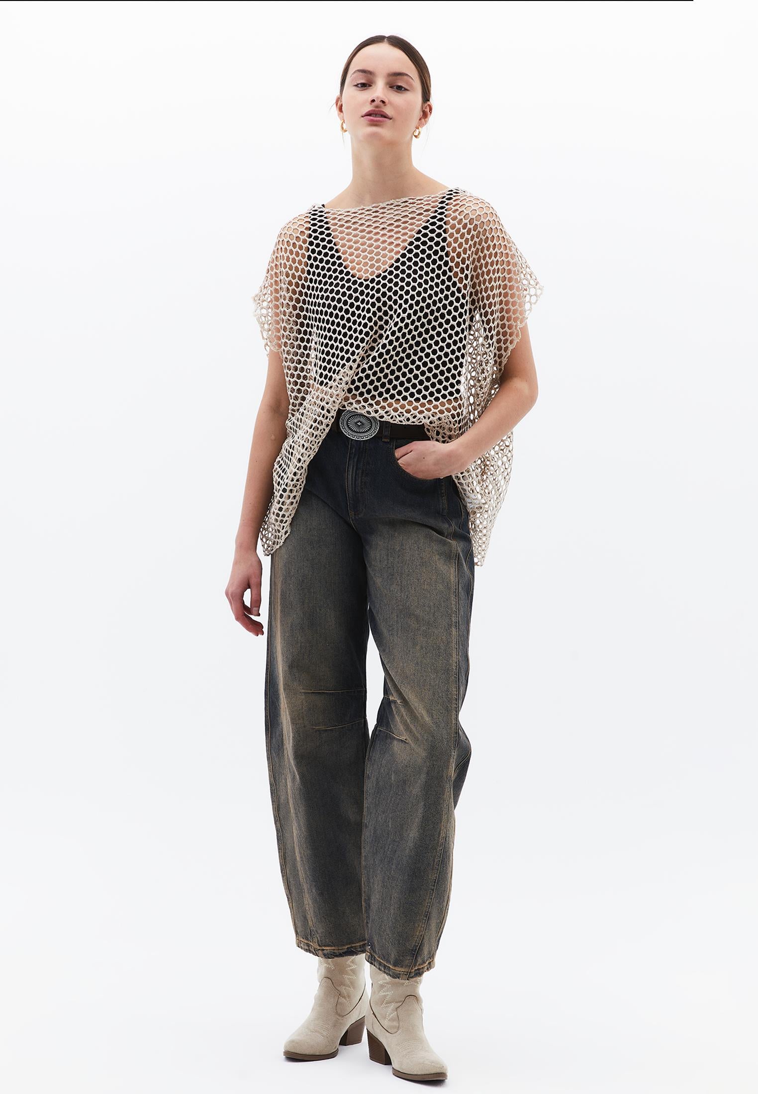 Oversize Tunic Blouse Boat Neck - ALMOND MILK