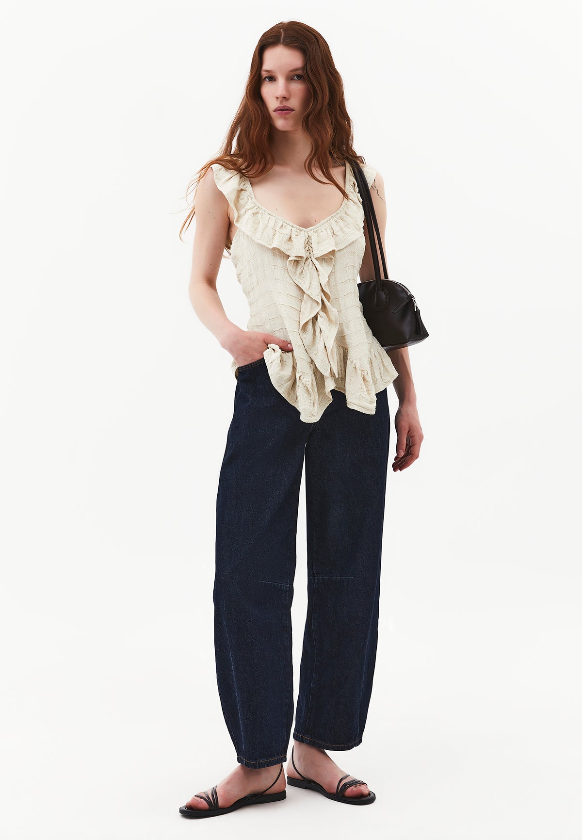Sleeveless Blouse With Ruffle Details And V-Neck - ALMOND MILK