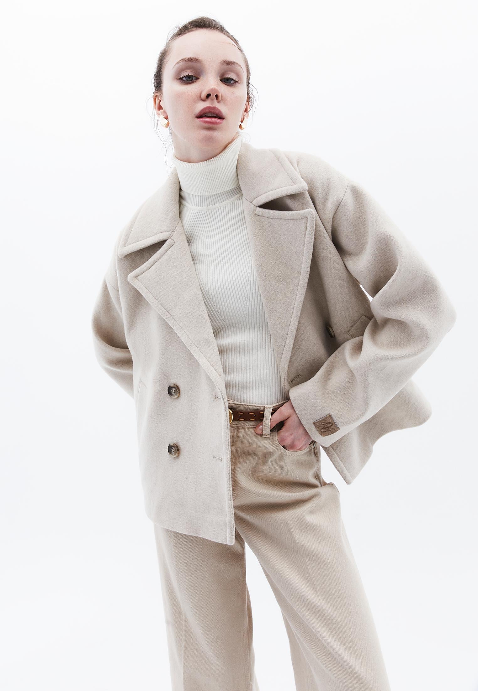 Double-Breasted Collar Oversize Standard Jacket - ALMOND MILK