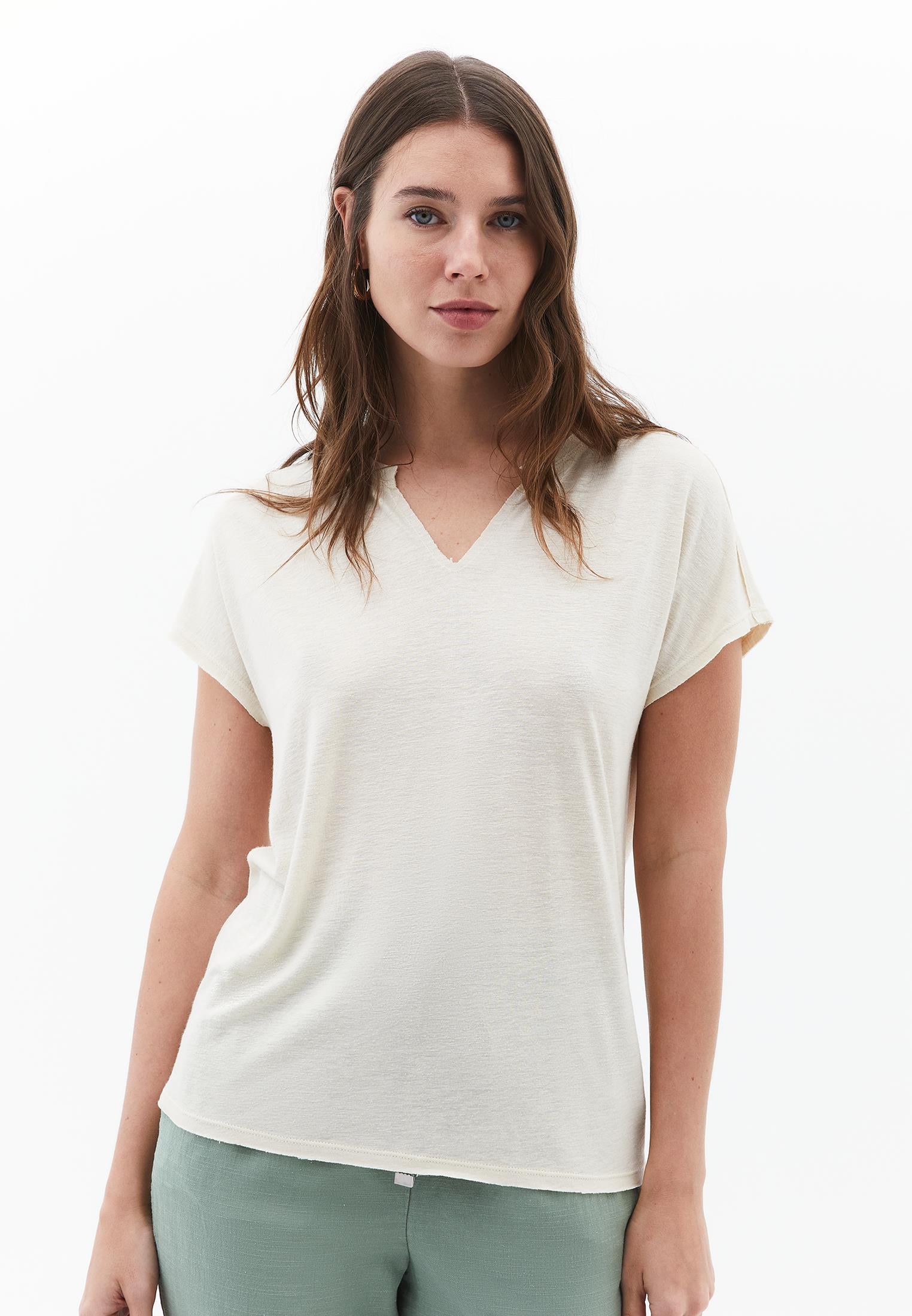 V Neck Short Sleeve T-Shirt - ALMOND MILK