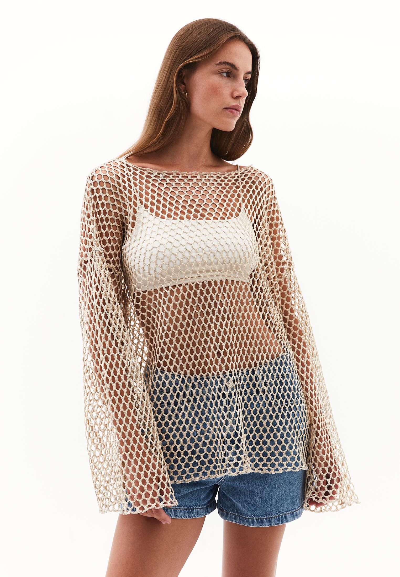 Blouse With Mesh Detailed Long Sleeves - ALMOND MILK