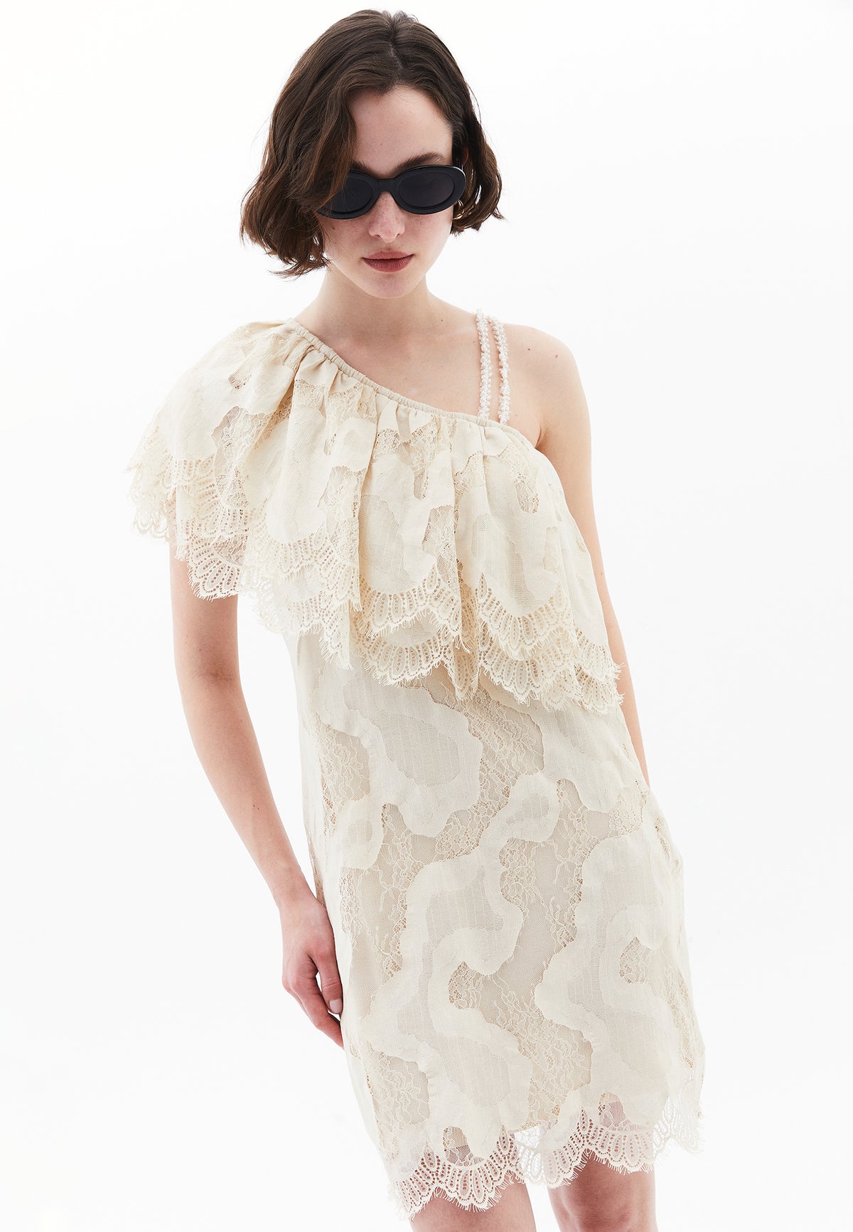 One Shoulder Ruffled Detail Short Dress - ALMOND MILK