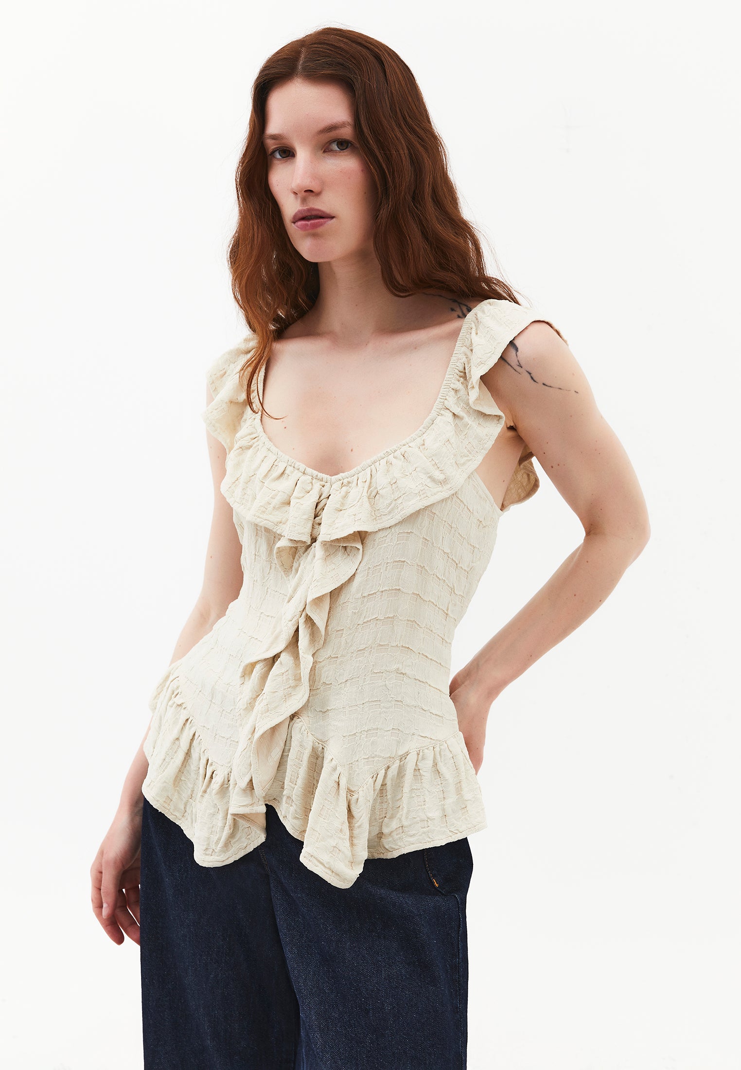 Sleeveless Blouse With Ruffle Details And V-Neck - ALMOND MILK