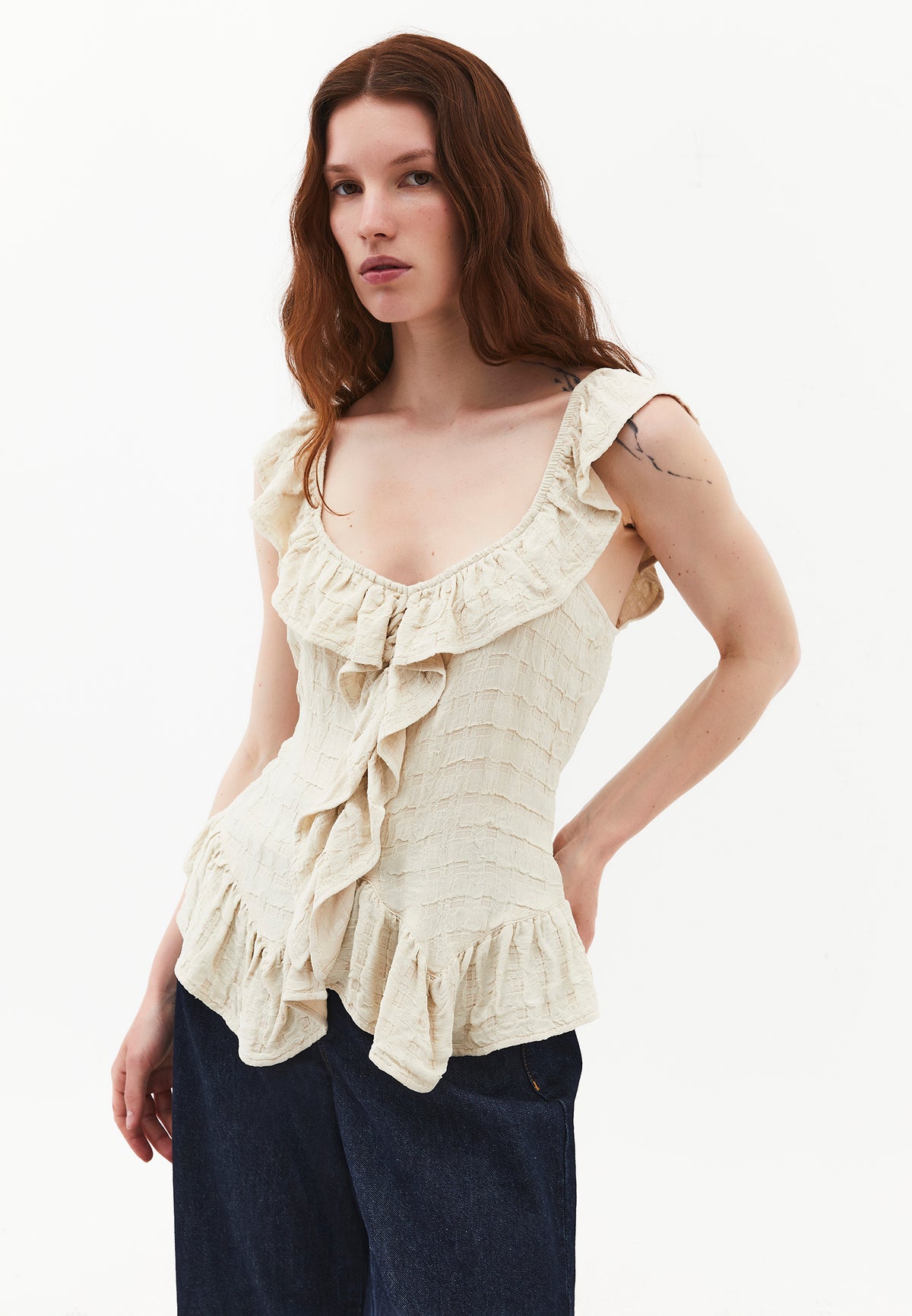 Sleeveless Blouse With Ruffle Details And V-Neck - ALMOND MILK