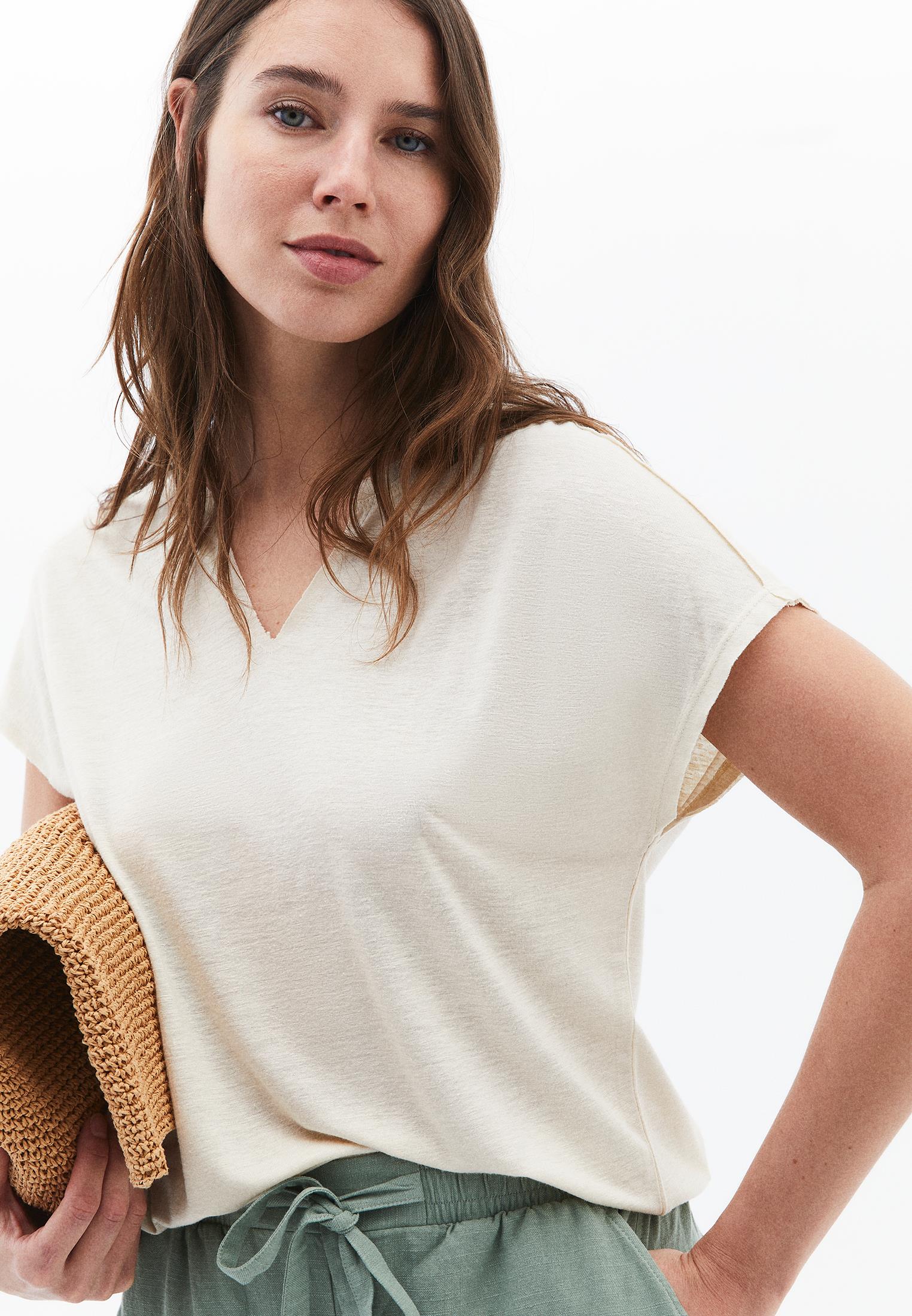 V Neck Short Sleeve T-Shirt - ALMOND MILK