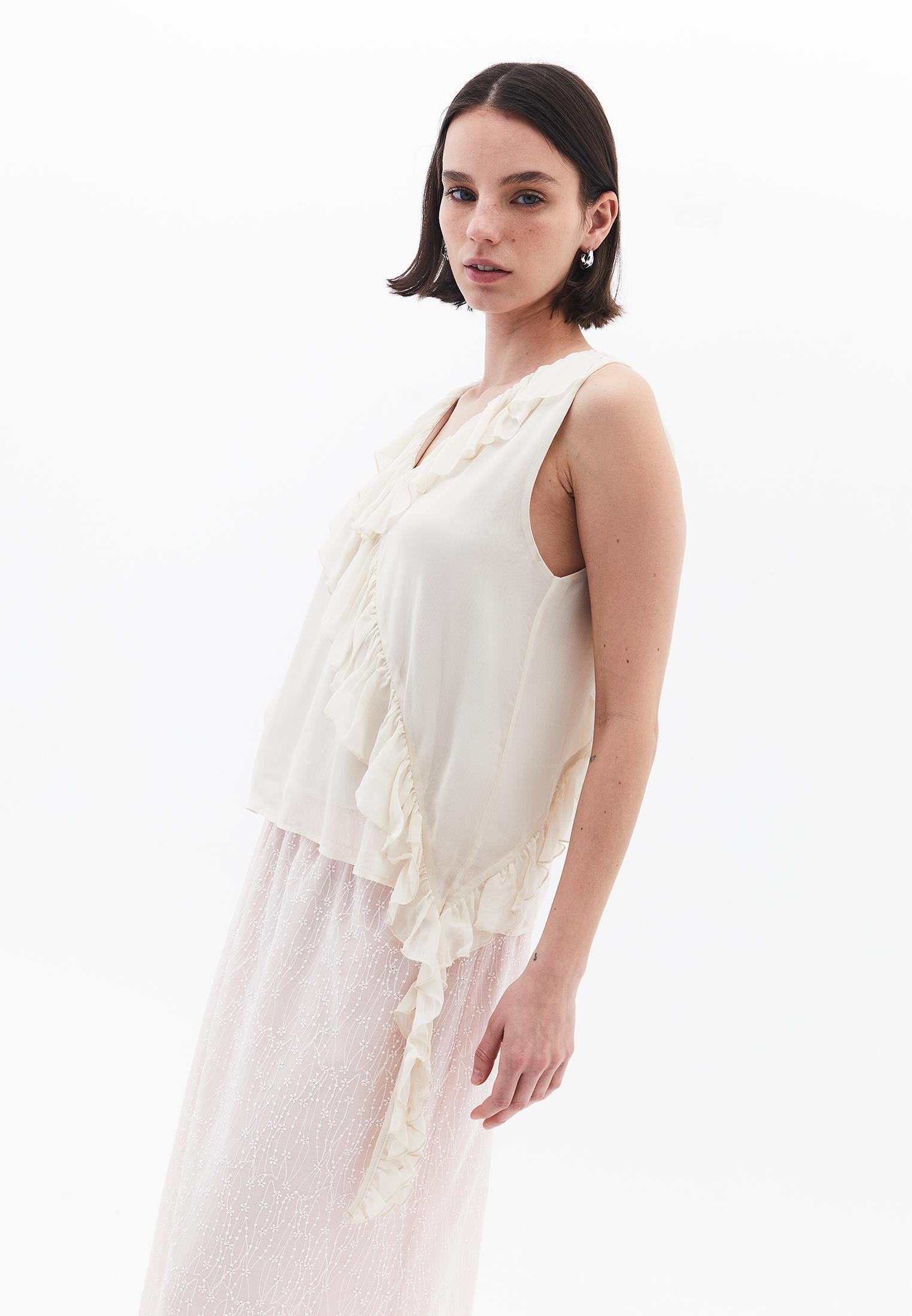 Ruffled Blouse With Embroidery Details - ALMOND MILK