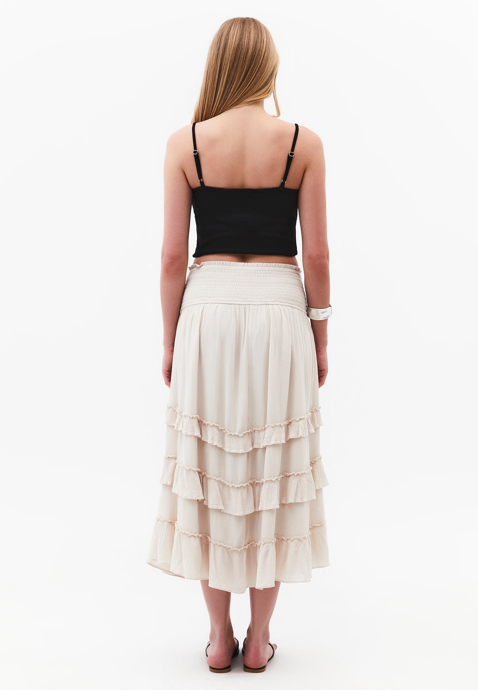 Elastic Ruffled High Waist Midi Skirt - ALMOND MILK