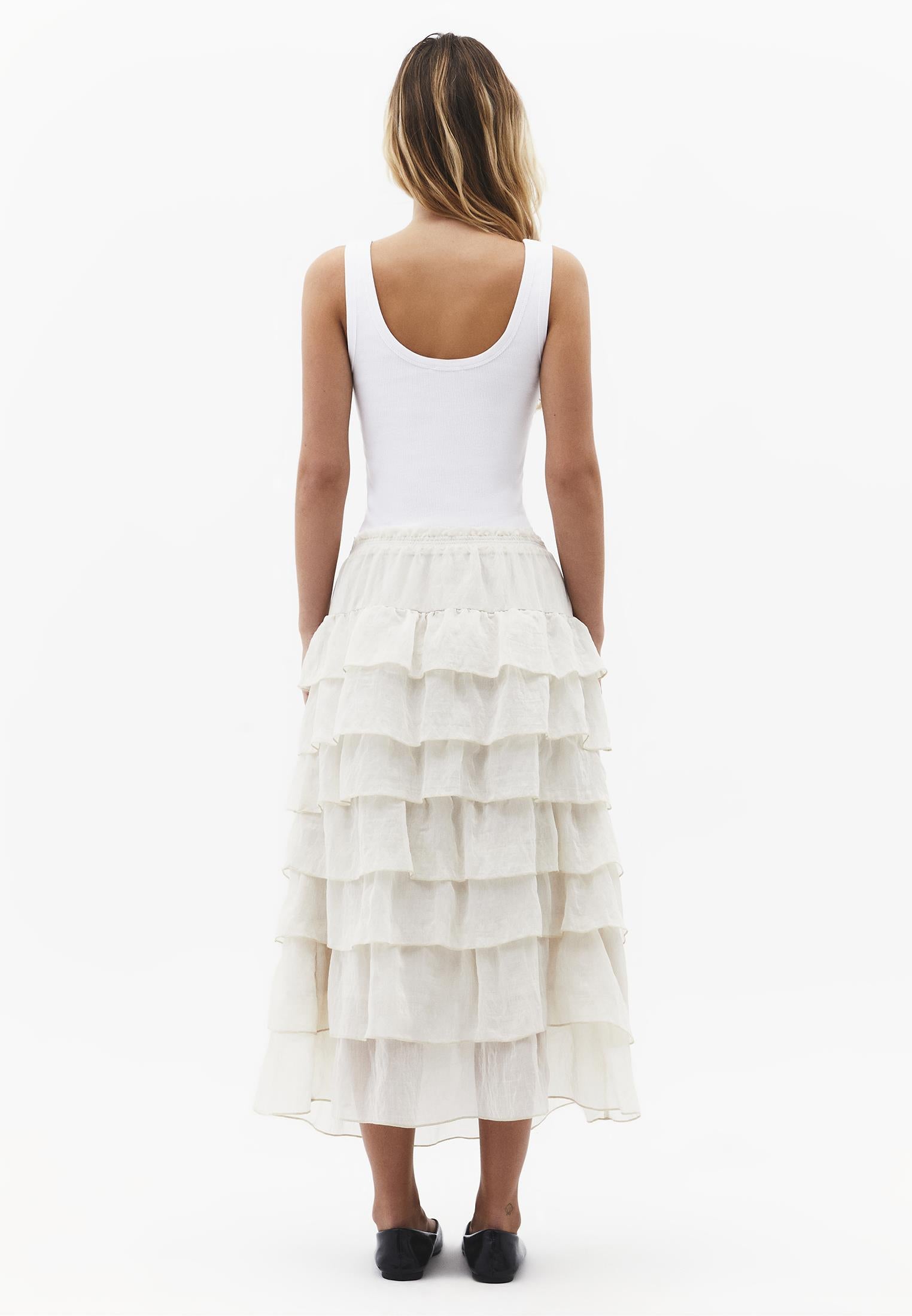 High Waist Long A-Line Ruffled Women's Skirt - ALMOND MILK