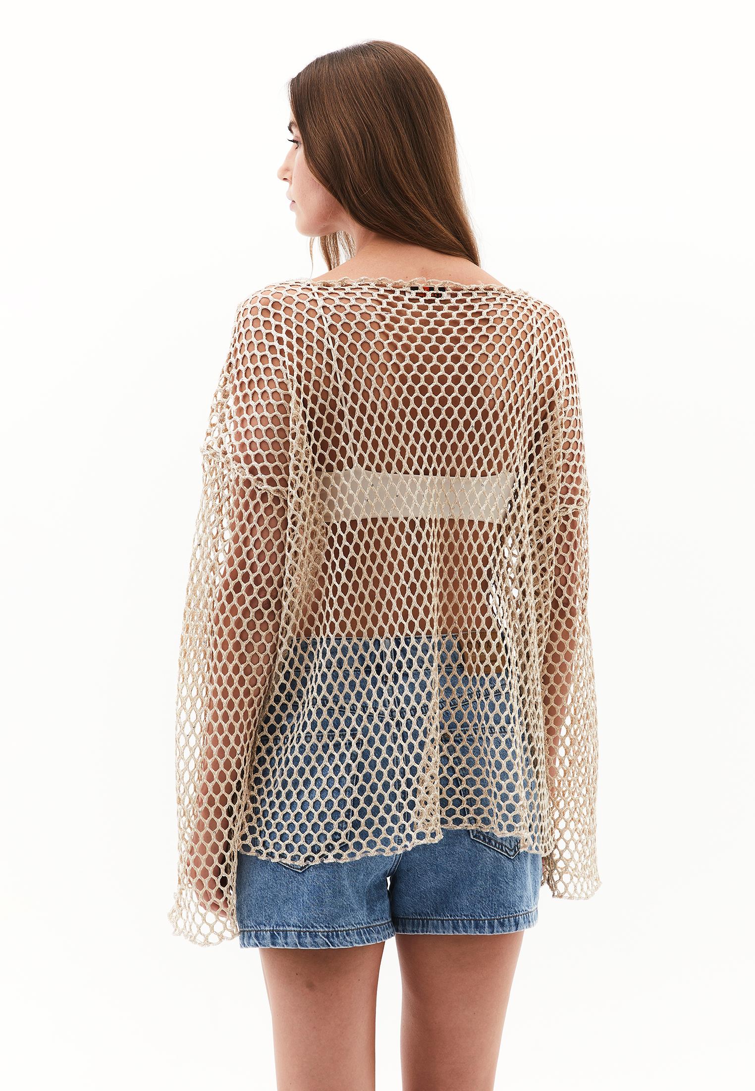 Blouse With Mesh Detailed Long Sleeves - ALMOND MILK