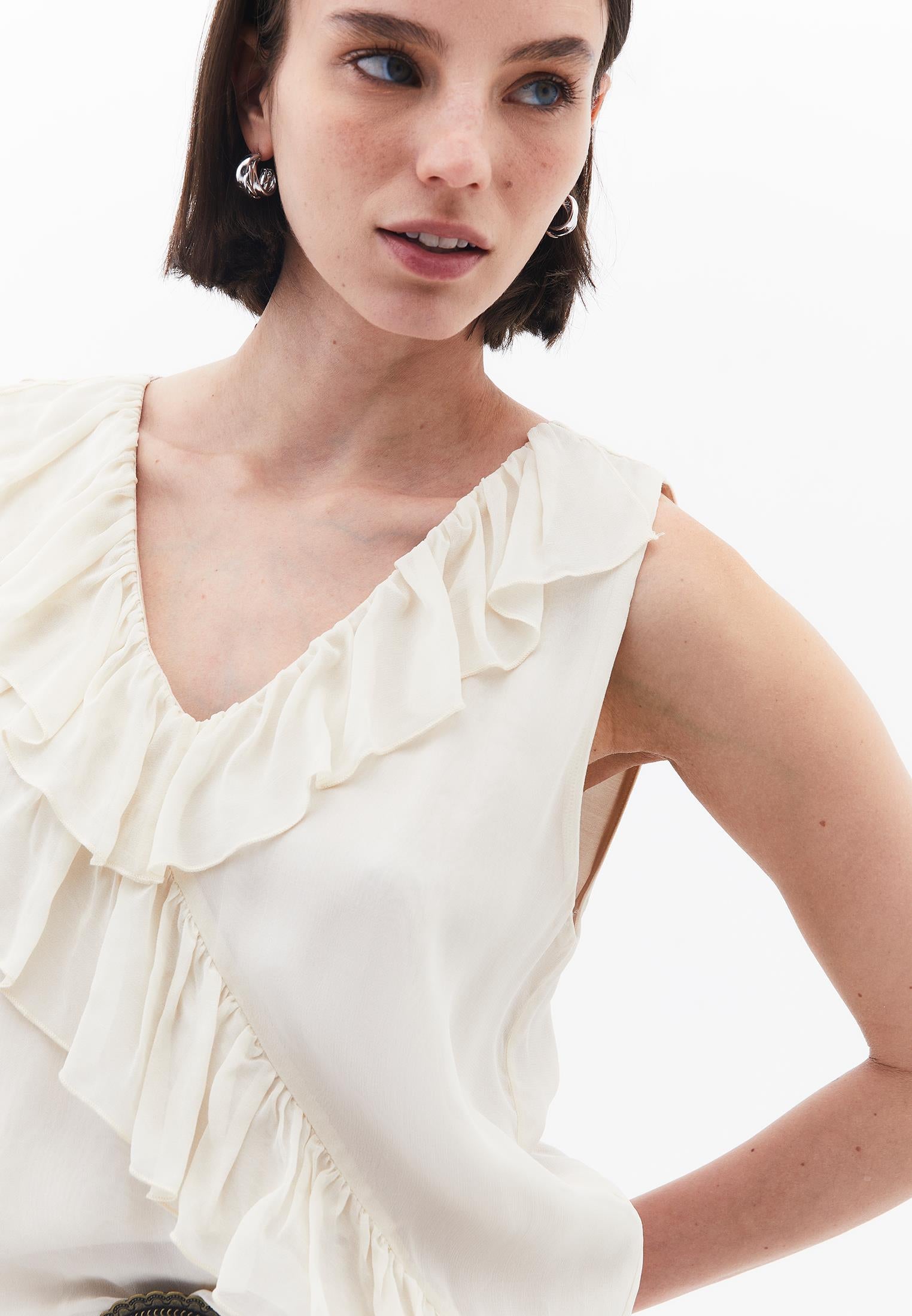 Ruffled Blouse With Embroidery Details - ALMOND MILK