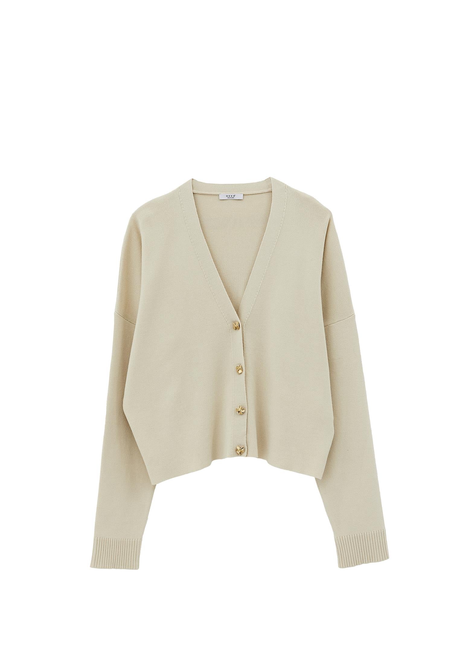 V Neck Loose Knit Cardigan - ALMOND MILK