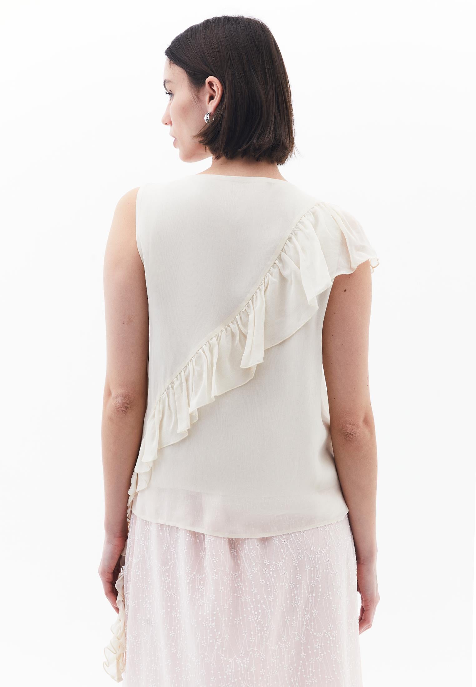 Ruffled Blouse With Embroidery Details - ALMOND MILK