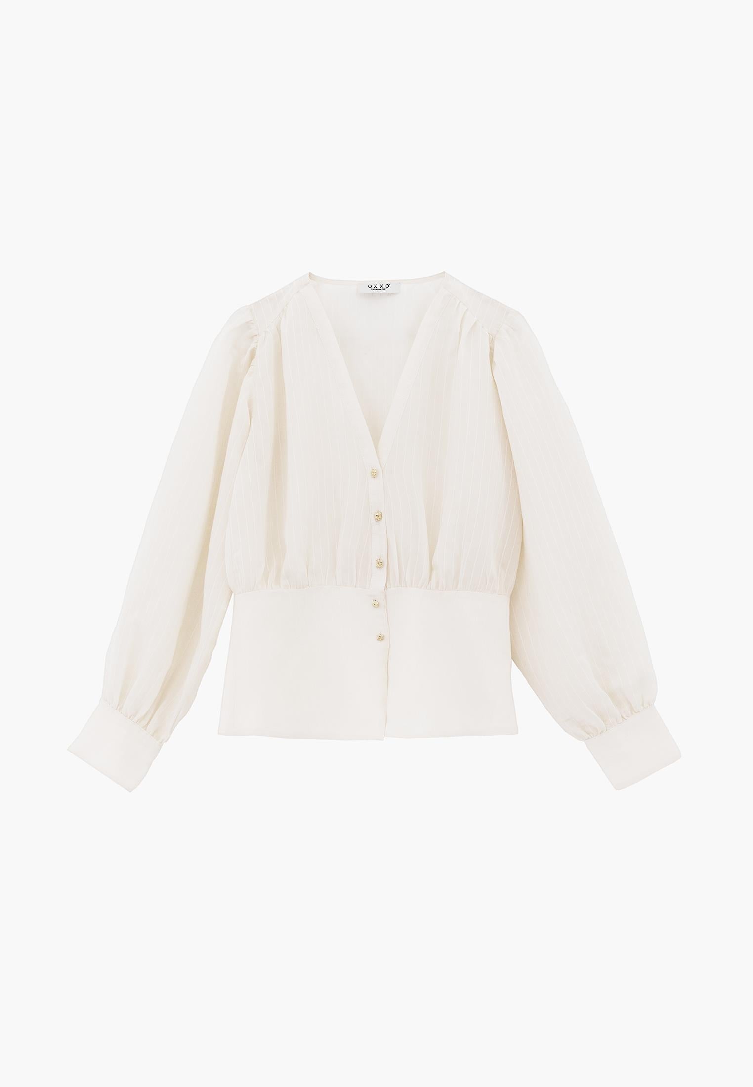 Ruched V-Neck Long Sleeve Blouse - ALMOND MILK