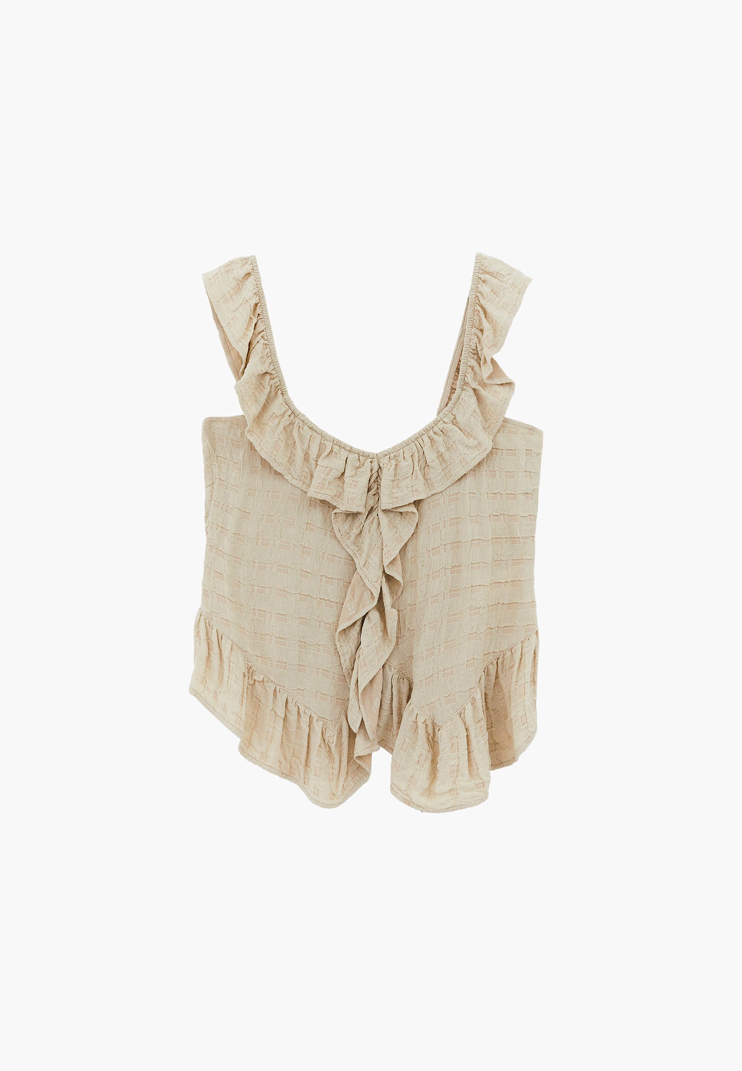 Sleeveless Blouse With Ruffle Details And V-Neck - ALMOND MILK