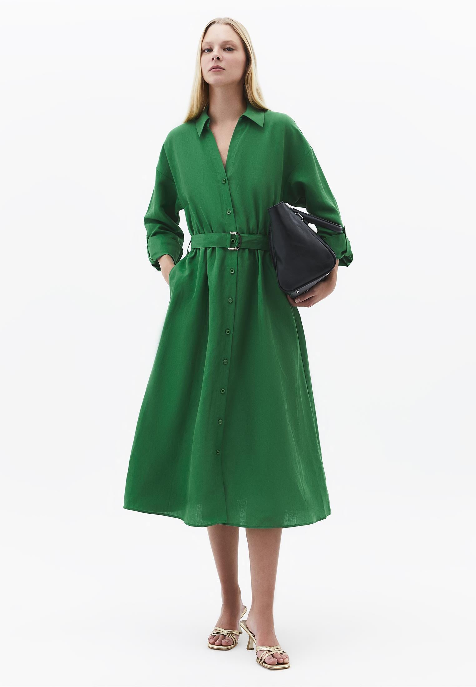 Belt Detailed Long Shirt Collar Dress - AMAZON