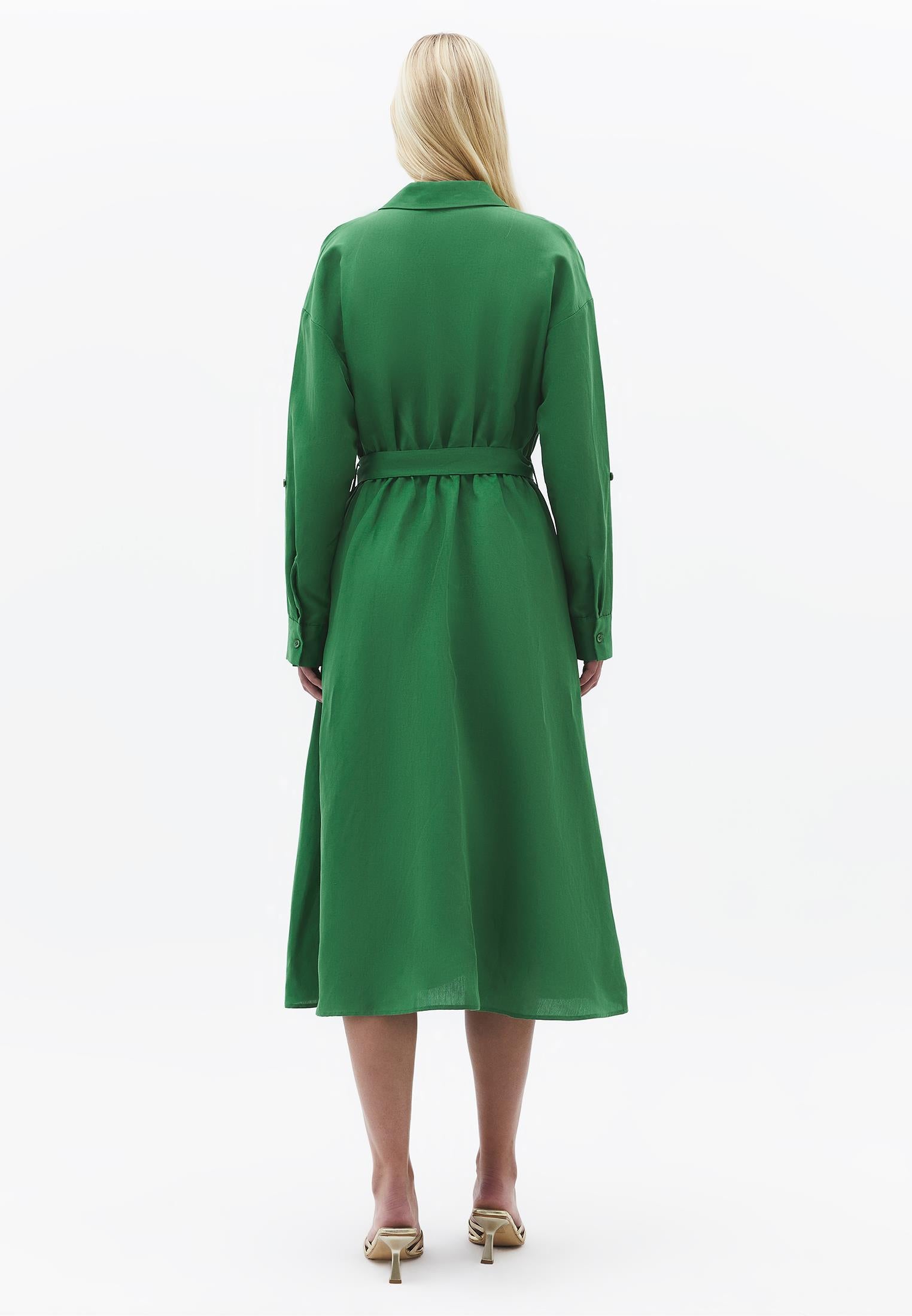 Belt Detailed Long Shirt Collar Dress - AMAZON