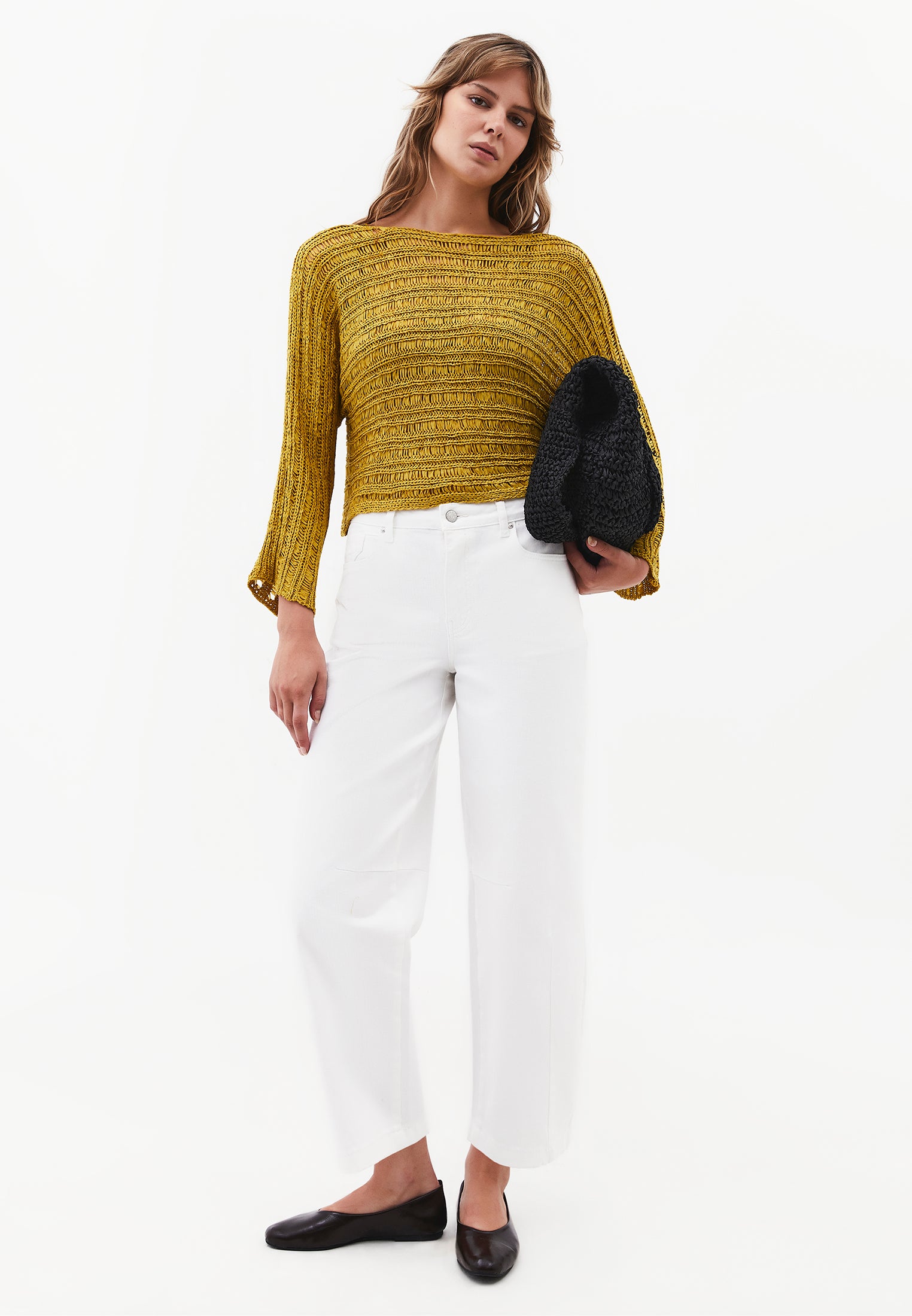 Openwork Boat Neck Long Sleeve Knit Sweater - AMBER GREEN