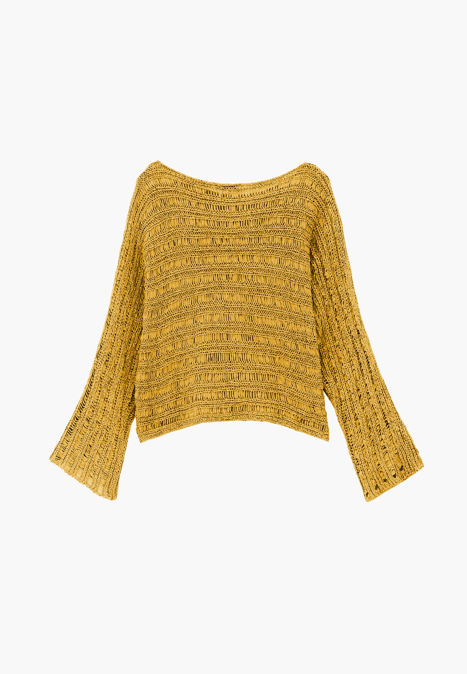 Openwork Boat Neck Long Sleeve Knit Sweater - AMBER GREEN